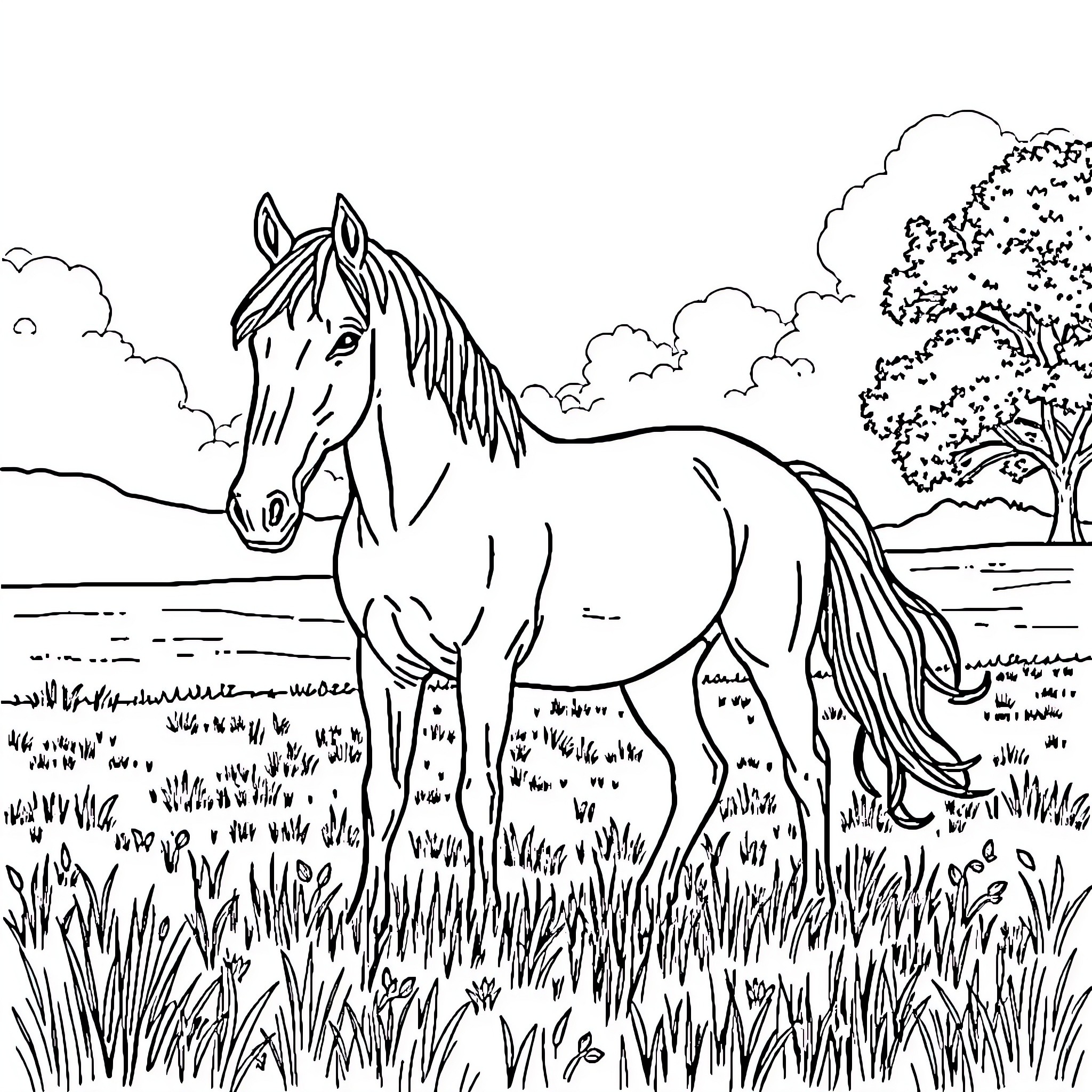 Horse standing calmly in natural landscape Coloring Page (free black-and-white line drawing printable PDF for all, from beginners to advanced learners, including children, teens, adults, and seniors)