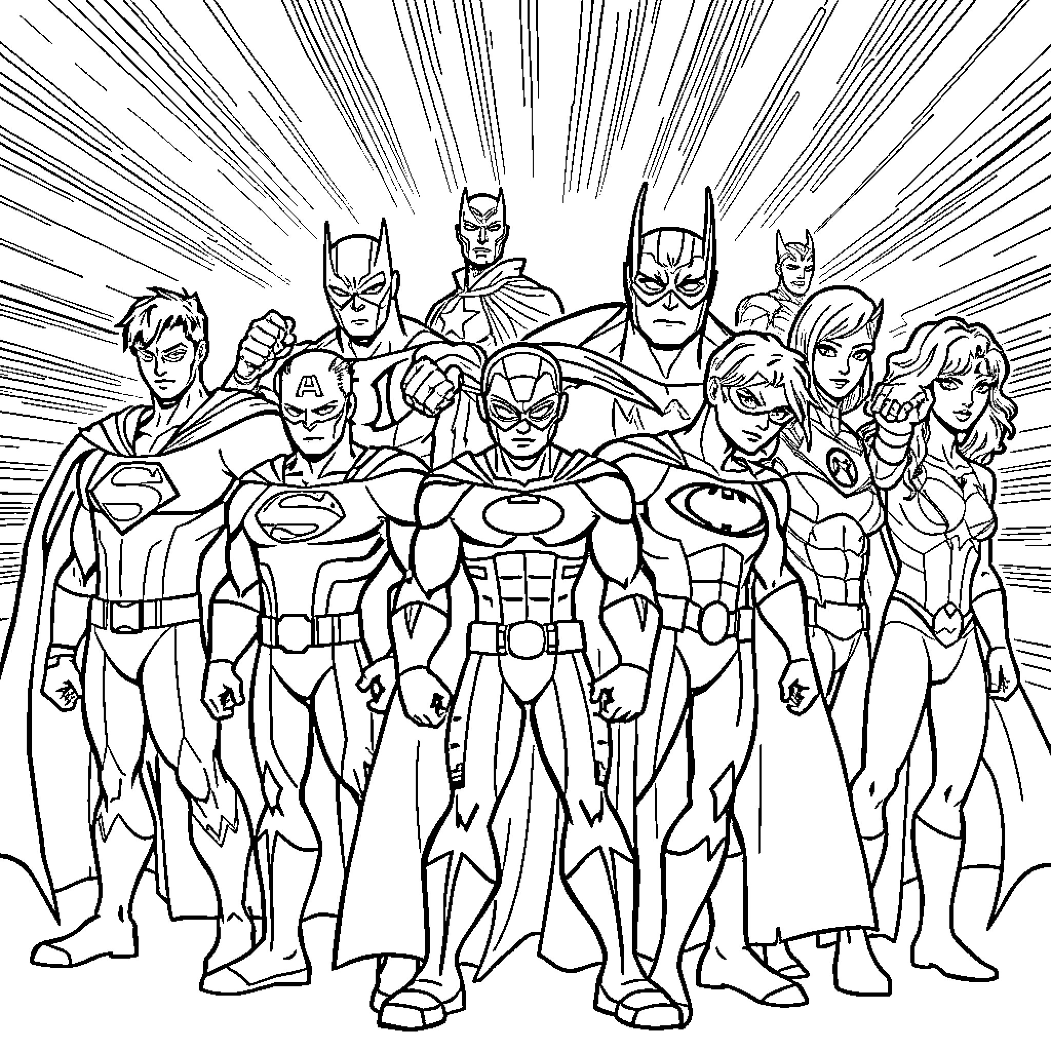 Superhero Team Assembled in Epic Pose Coloring Page (free black-and-white line drawing printable PDF for all, from beginners to advanced learners, including children, teens, adults, and seniors)