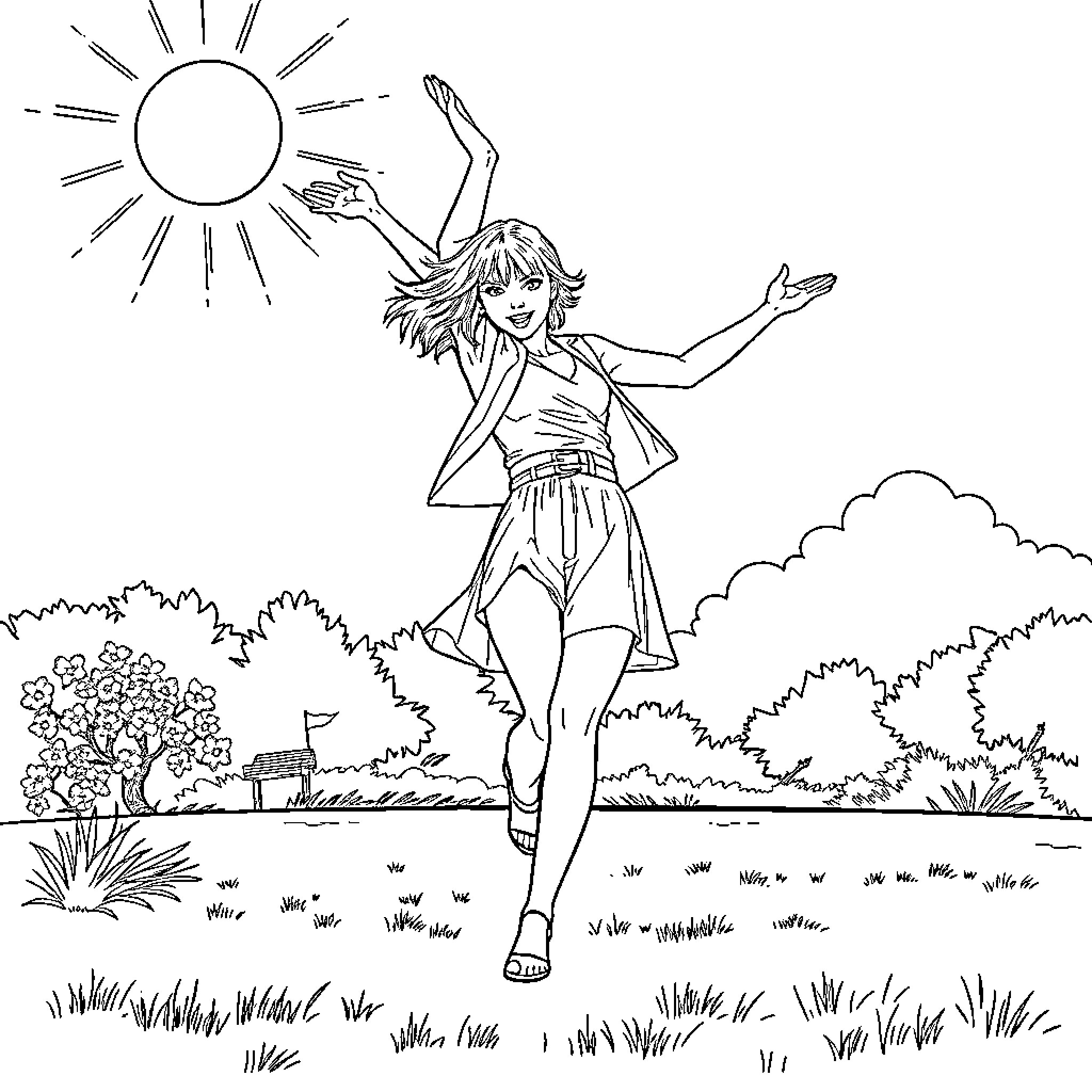 Taylor Swift dancing joyfully in a nature setting Coloring Page (free black-and-white line drawing printable PDF for all, from beginners to advanced learners, including children, teens, adults, and seniors)