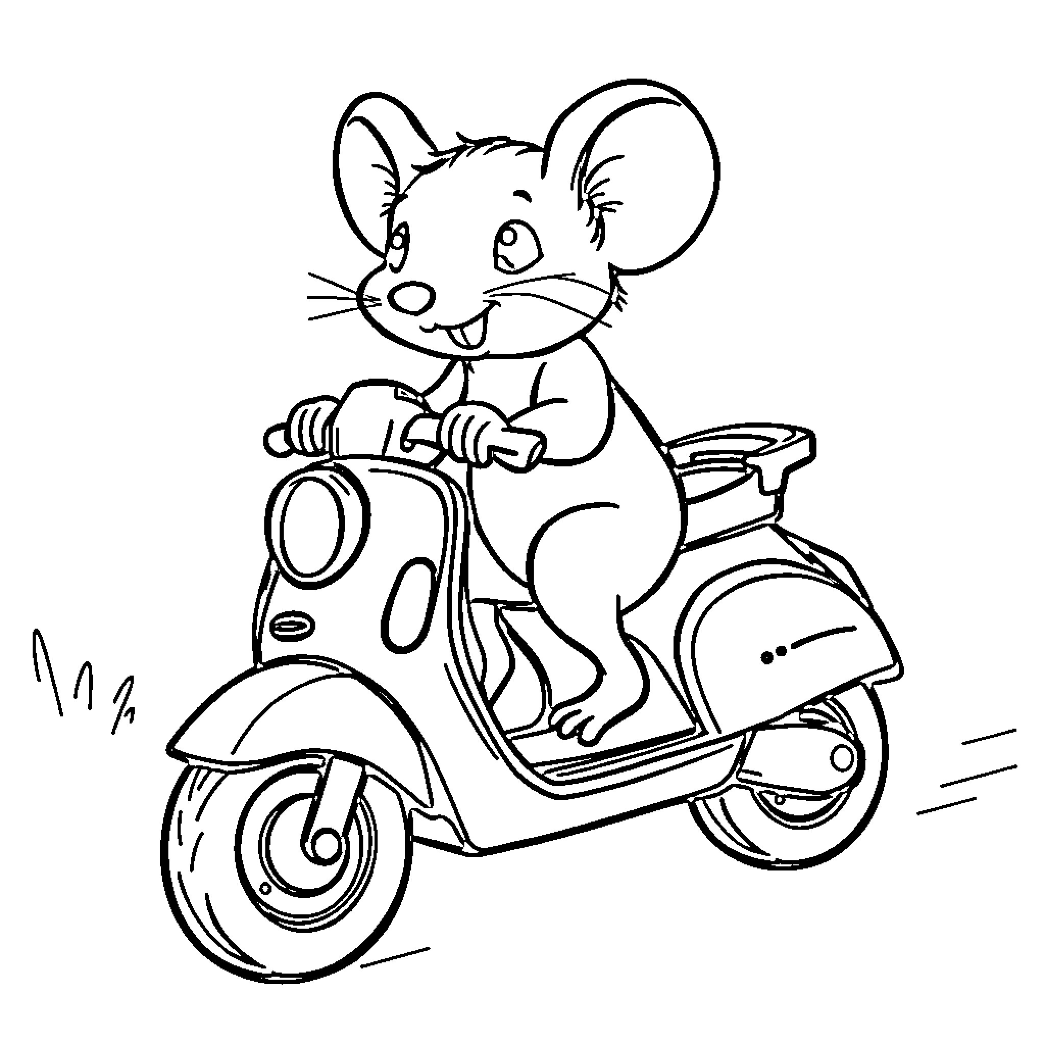Mouse riding a scooter with excitement Coloring Page (free black-and-white line drawing printable PDF for all, from beginners to advanced learners, including children, teens, adults, and seniors)
