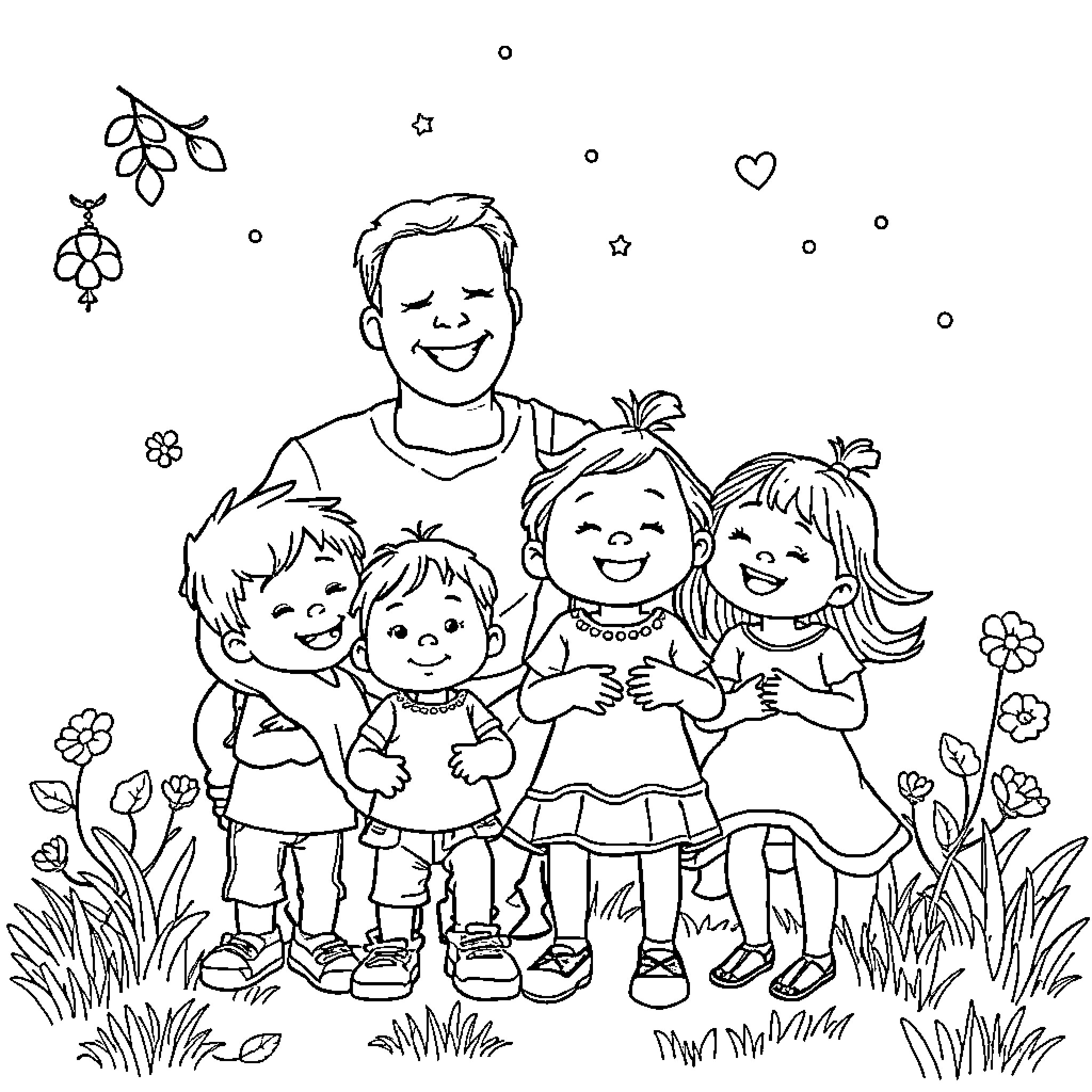 Familia joyful together in nature Coloring Page (free black-and-white line drawing printable PDF for all, from beginners to advanced learners, including children, teens, adults, and seniors)