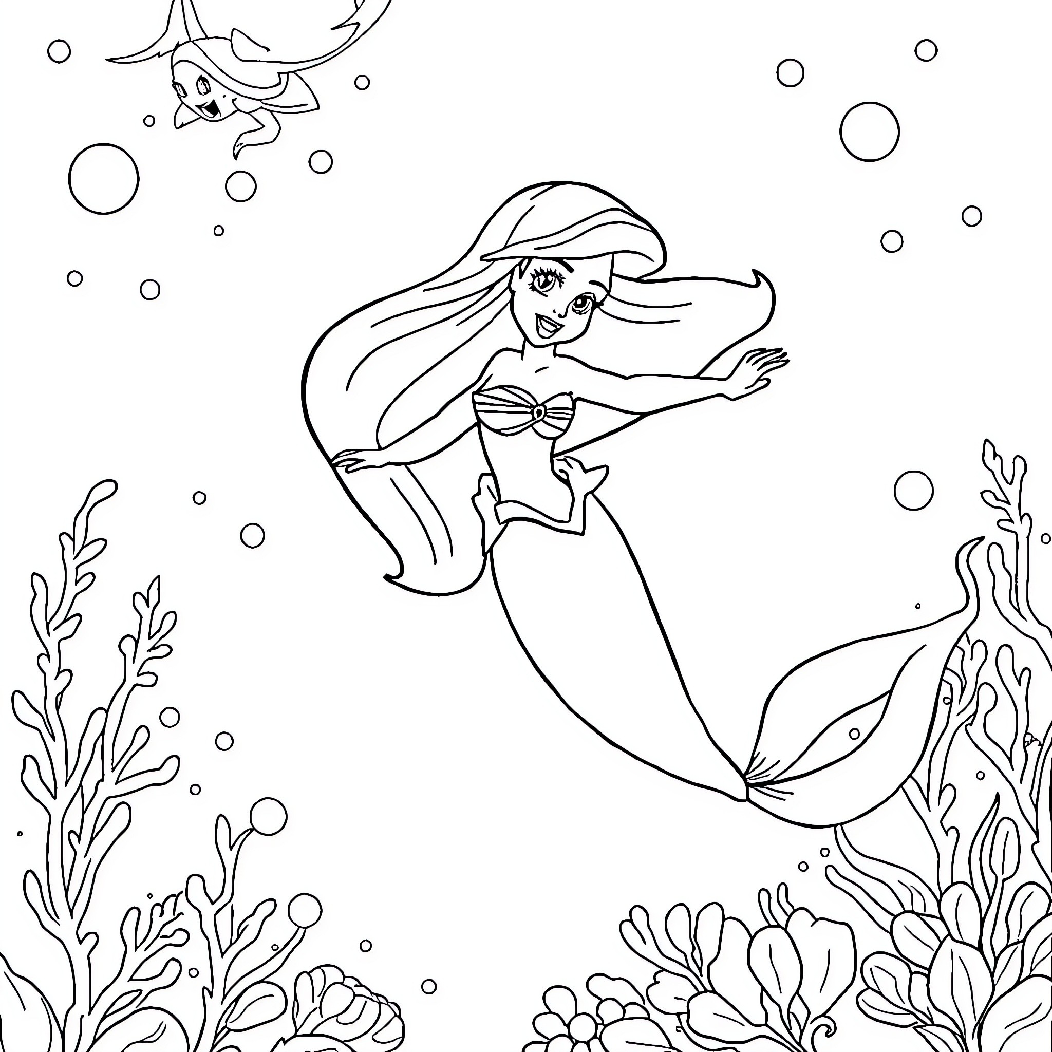 Ariel swimming gracefully through the underwater scene Coloring Page (free black-and-white line drawing printable PDF for all, from beginners to advanced learners, including children, teens, adults, and seniors)