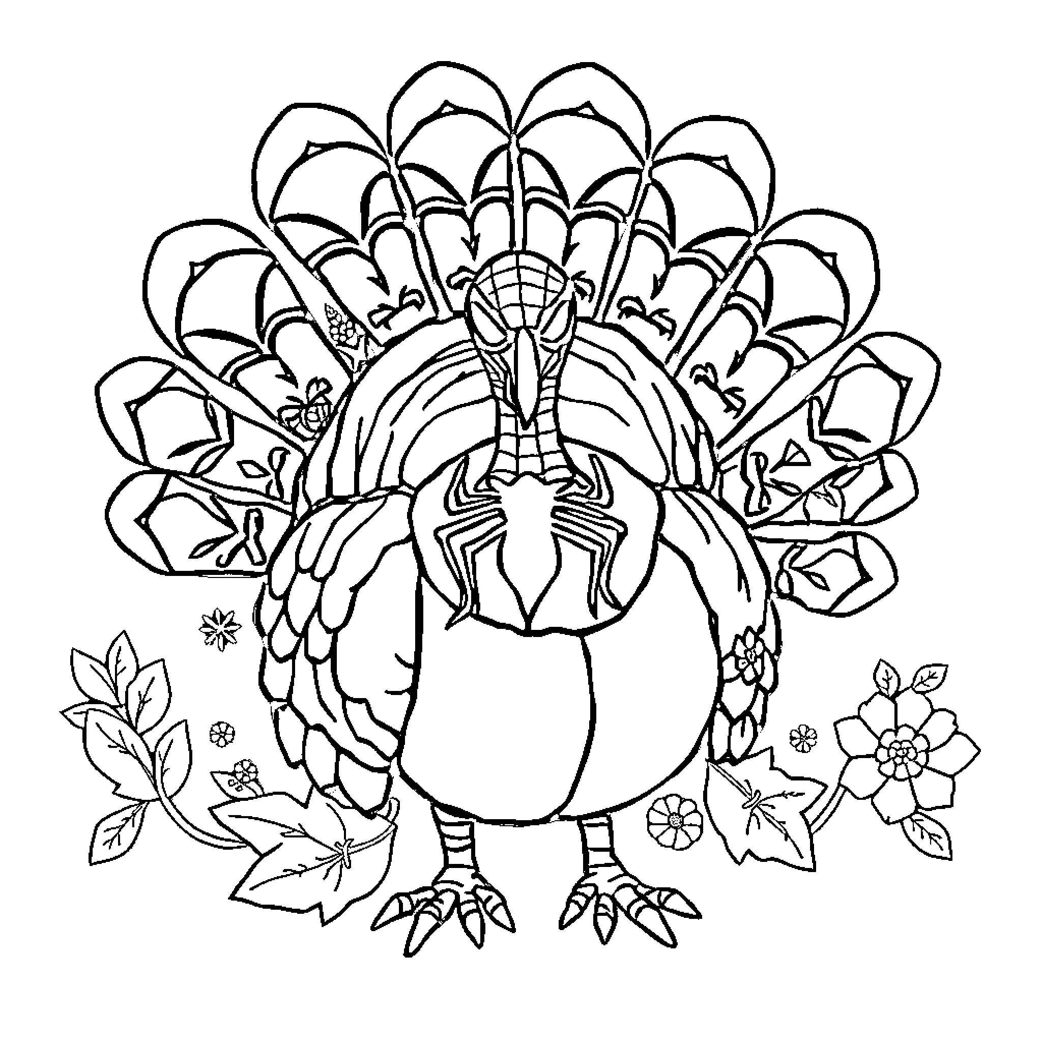 Turkey with intricate feather pattern and floral elements Coloring Page (free black-and-white line drawing printable PDF for all, from beginners to advanced learners, including children, teens, adults, and seniors)