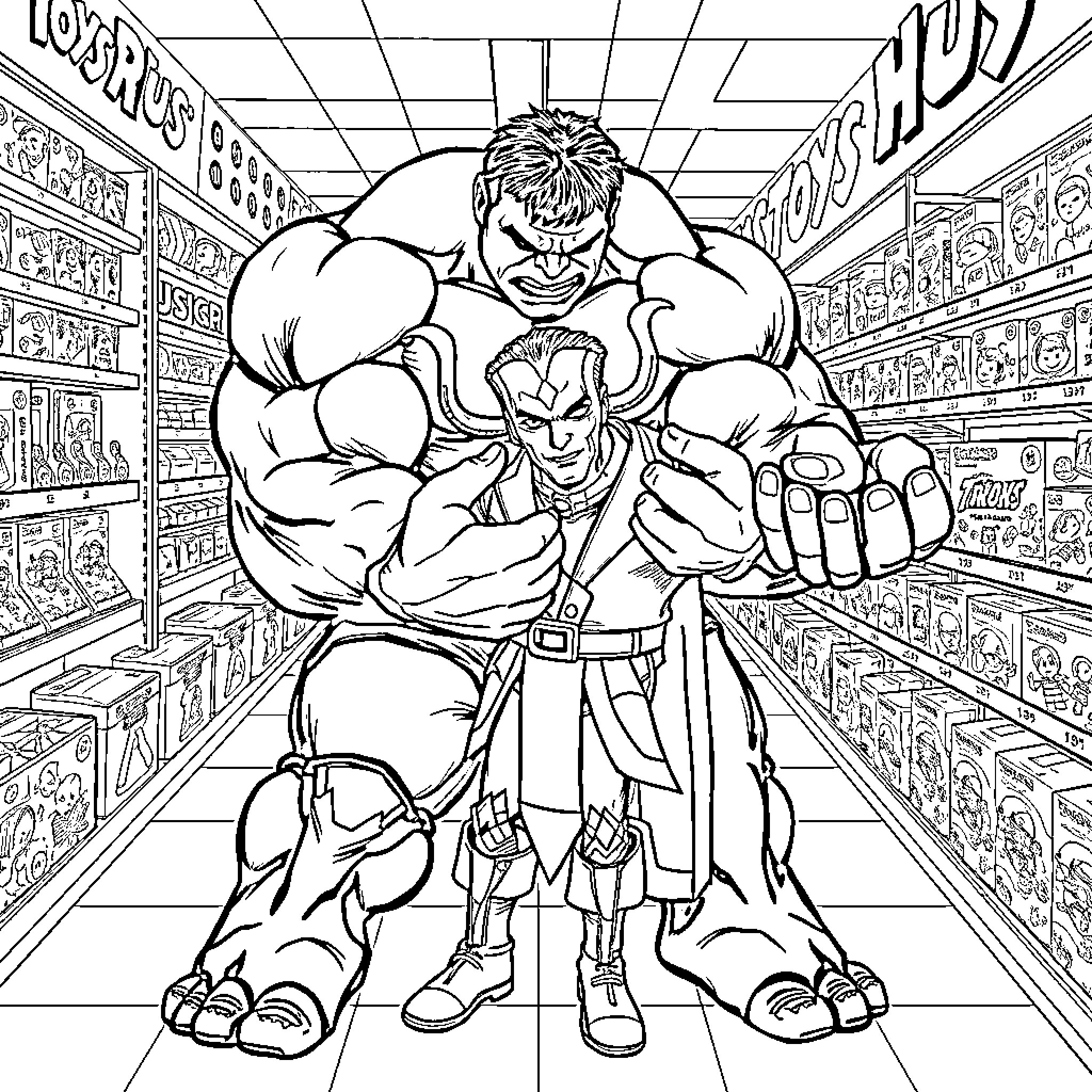 Hulk Rampaging Through Toy Store Coloring Page (free black-and-white line drawing printable PDF for all, from beginners to advanced learners, including children, teens, adults, and seniors)