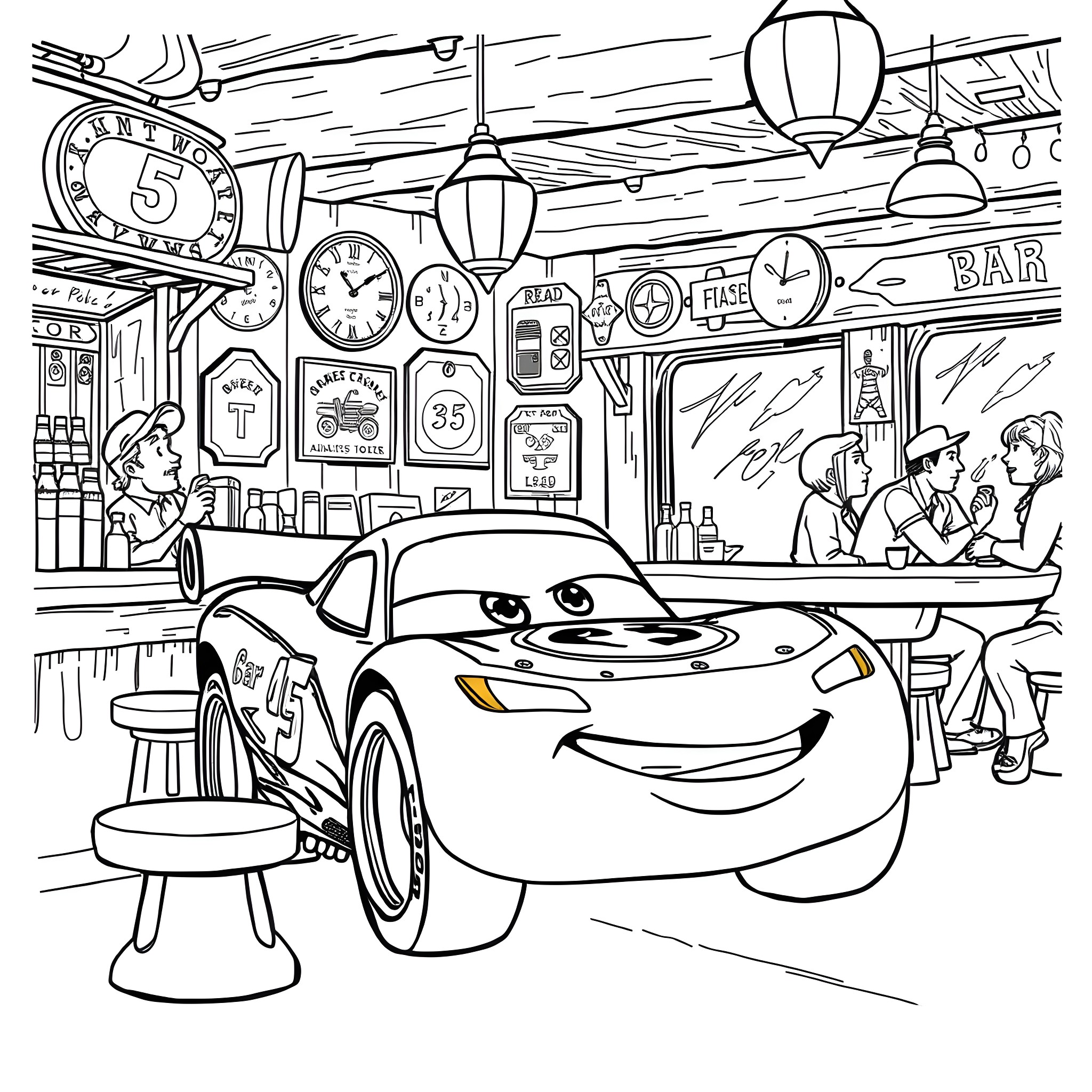 Lightning McQueen in a Lively Diner Scene Coloring Page (free black-and-white line drawing printable PDF for all, from beginners to advanced learners, including children, teens, adults, and seniors)