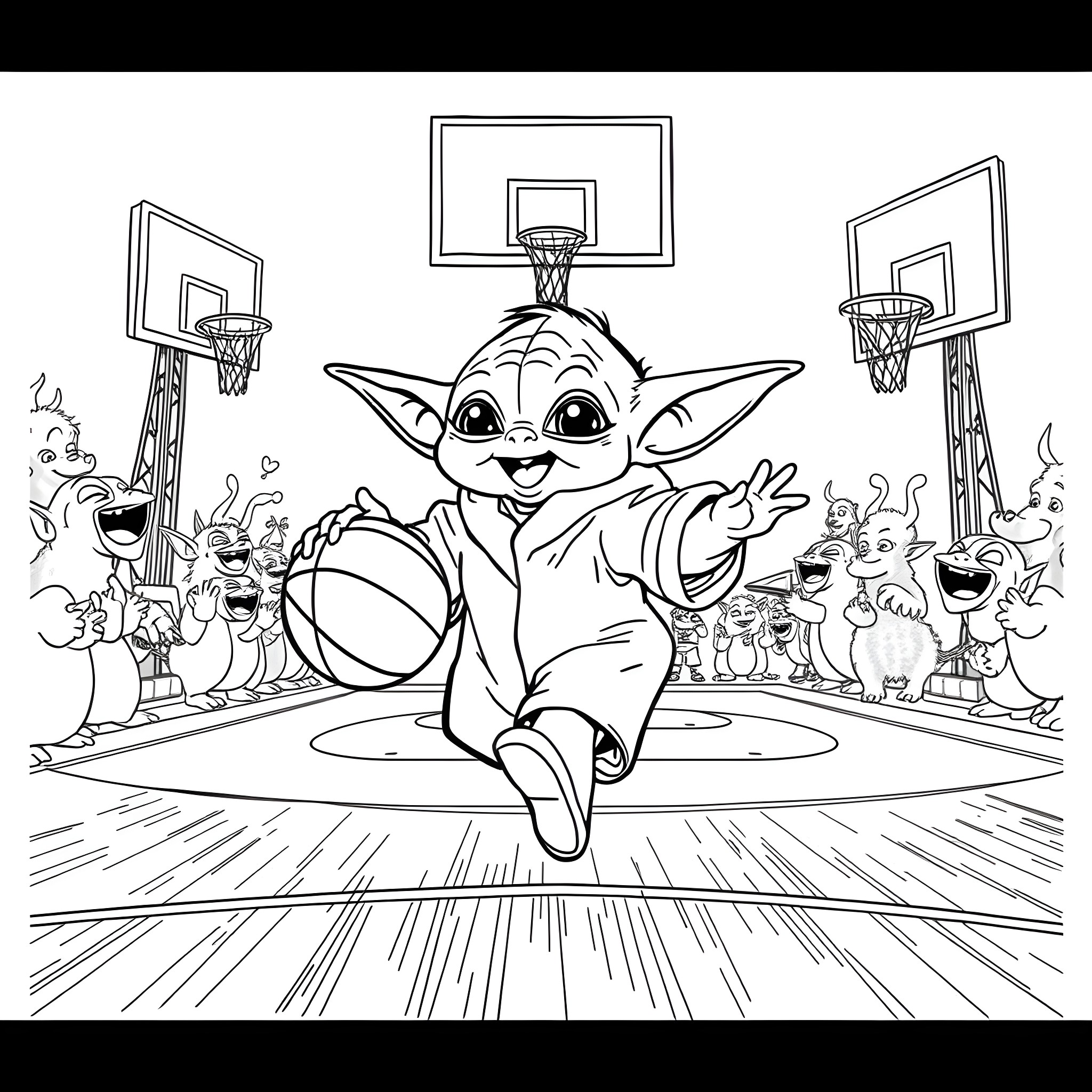 Baby Yoda Playing Basketball with Cute Creatures Coloring Page (free black-and-white line drawing printable PDF for all, from beginners to advanced learners, including children, teens, adults, and seniors)