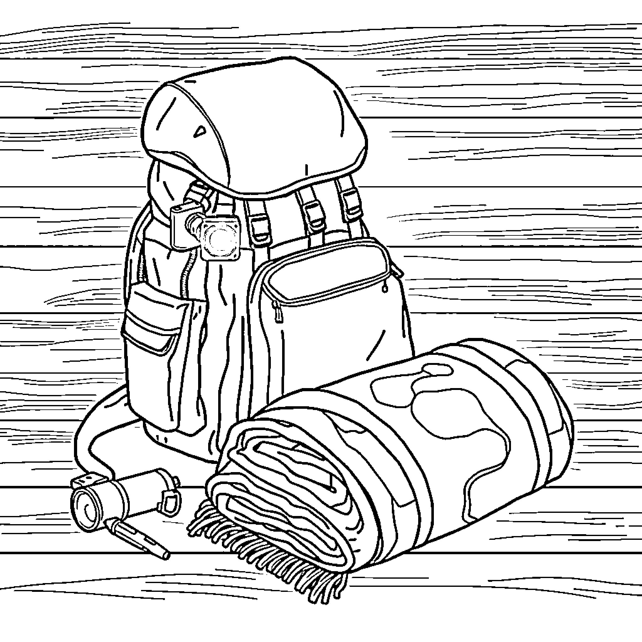 Camping Gear with Backpack and Sleeping Bag Coloring Page (free black-and-white line drawing printable PDF for all, from beginners to advanced learners, including children, teens, adults, and seniors)