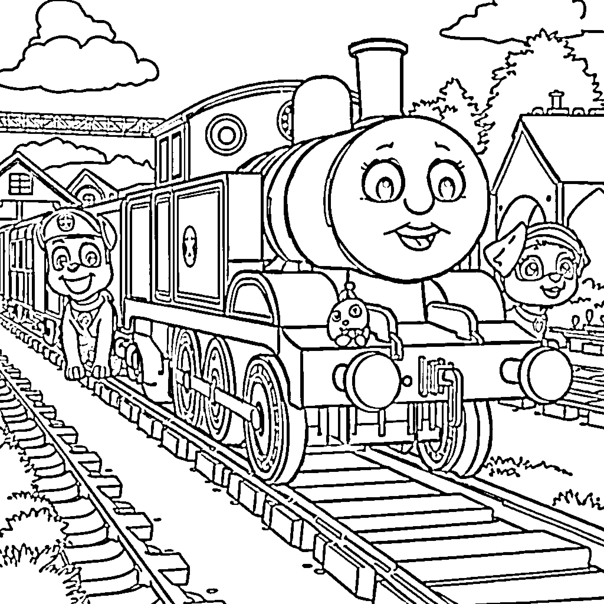 Thomas and Friends on a Train Adventure Coloring Page (free black-and-white line drawing printable PDF for all, from beginners to advanced learners, including children, teens, adults, and seniors)