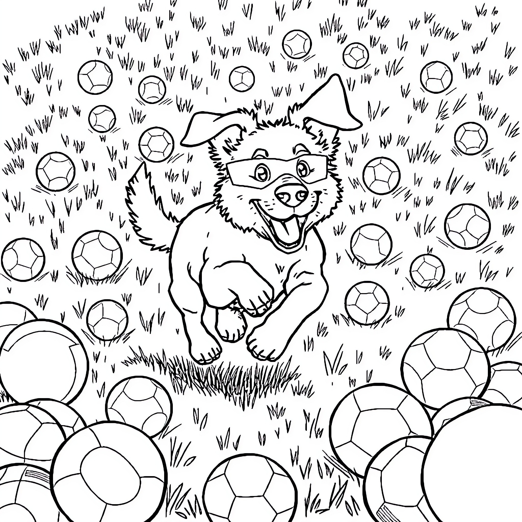 Dog playing with soccer balls in the field Coloring Page (free black-and-white line drawing printable PDF for all, from beginners to advanced learners, including children, teens, adults, and seniors)