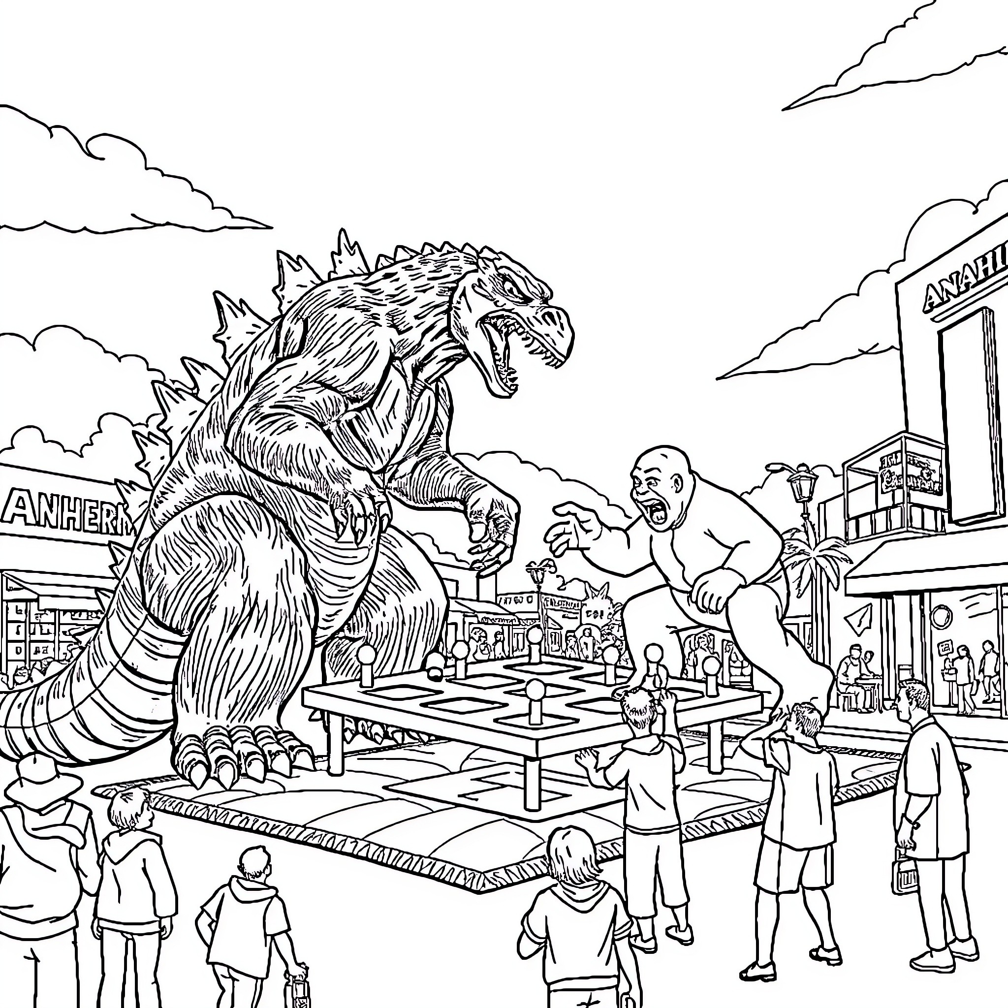 Godzilla attacking city with terrified civilians Coloring Page (free black-and-white line drawing printable PDF for all, from beginners to advanced learners, including children, teens, adults, and seniors)