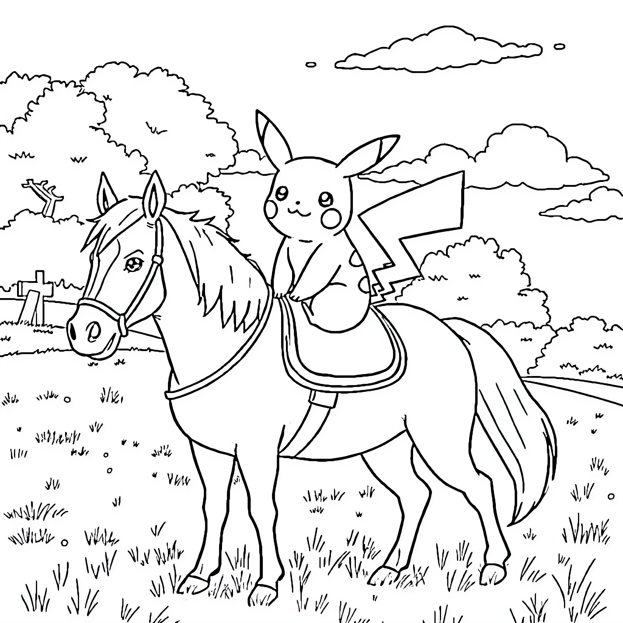 Pikachu riding a horse in a scenic outdoor landscape Coloring Page (free black-and-white line drawing printable PDF for all, from beginners to advanced learners, including children, teens, adults, and seniors)