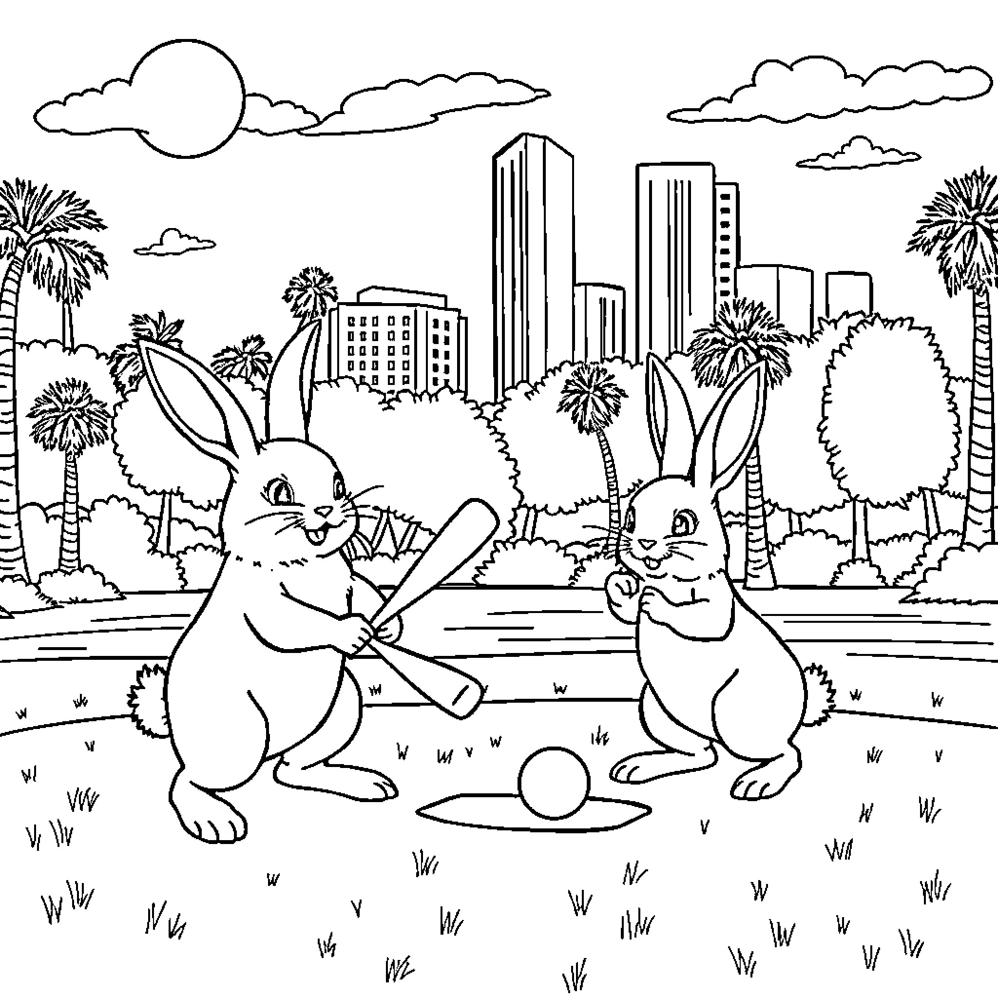 Rabbit friends playing together in the city park Coloring Page (free black-and-white line drawing printable PDF for all, from beginners to advanced learners, including children, teens, adults, and seniors)