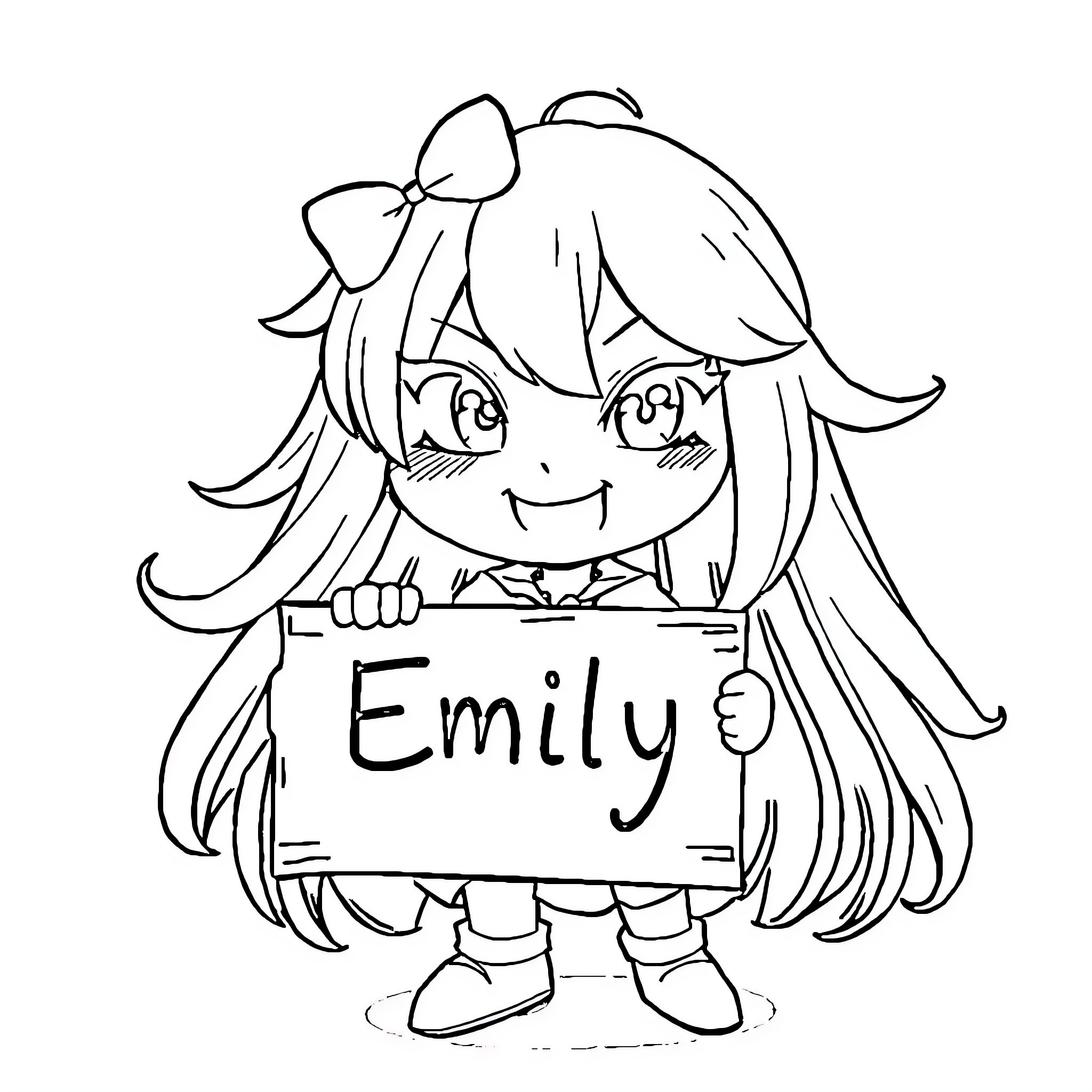 Kuromi holding 'Emily' sign with cheerful expression Coloring Page (free black-and-white line drawing printable PDF for all, from beginners to advanced learners, including children, teens, adults, and seniors)