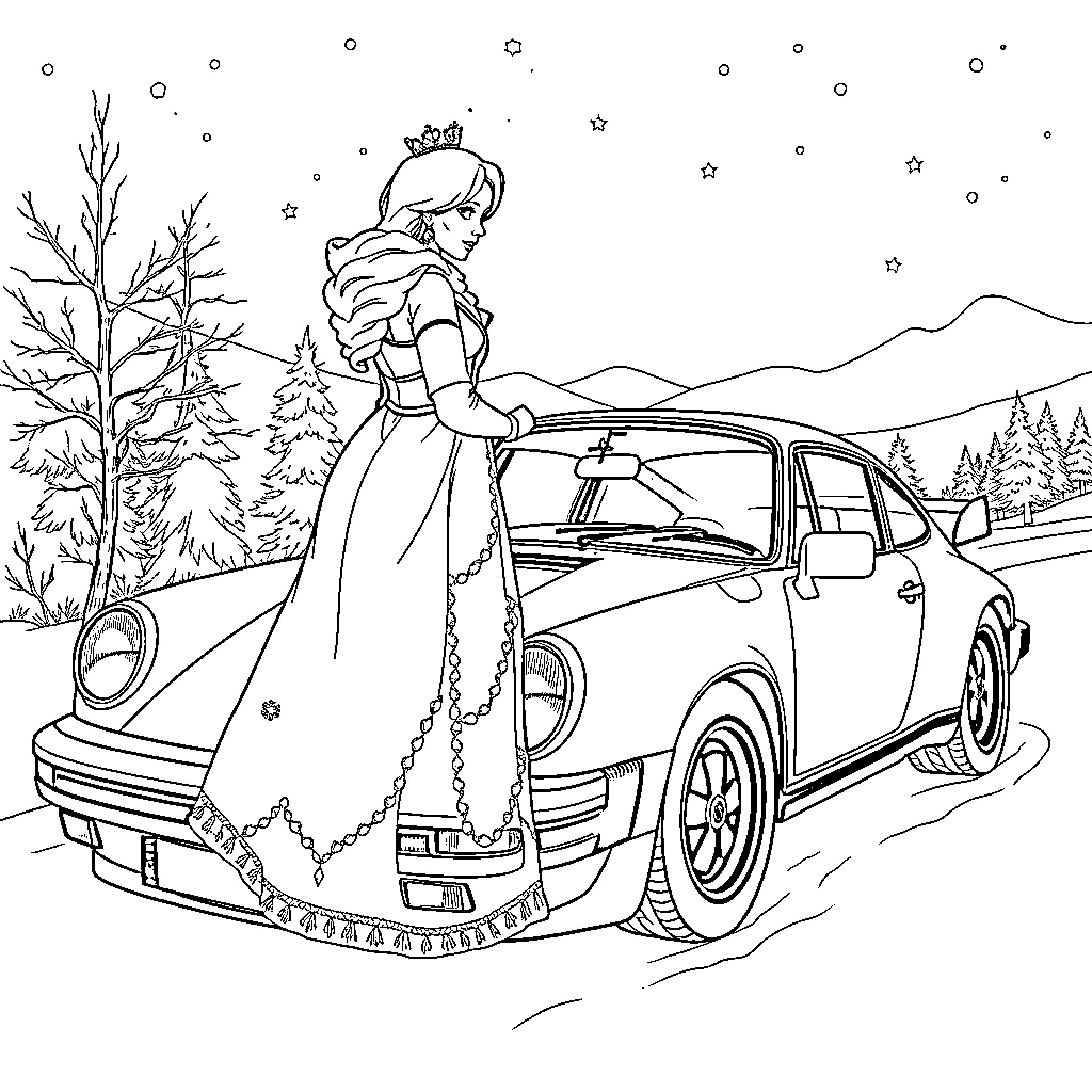 Reine des Neiges - Princess in winter wonderland with car Coloring Page (free black-and-white line drawing printable PDF for all, from beginners to advanced learners, including children, teens, adults, and seniors)