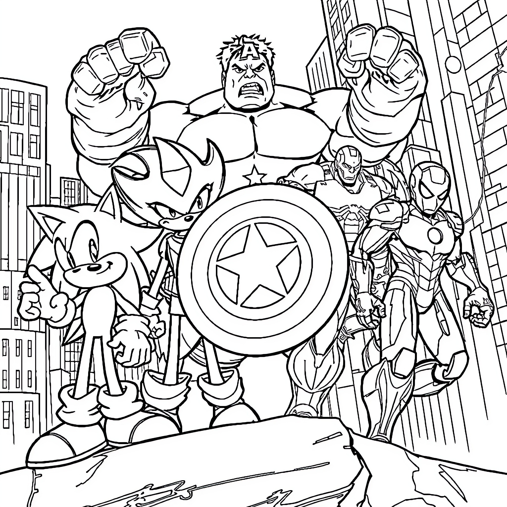 Superhero Characters in Epic Battle Cityscape Coloring Page (free black-and-white line drawing printable PDF for all, from beginners to advanced learners, including children, teens, adults, and seniors)