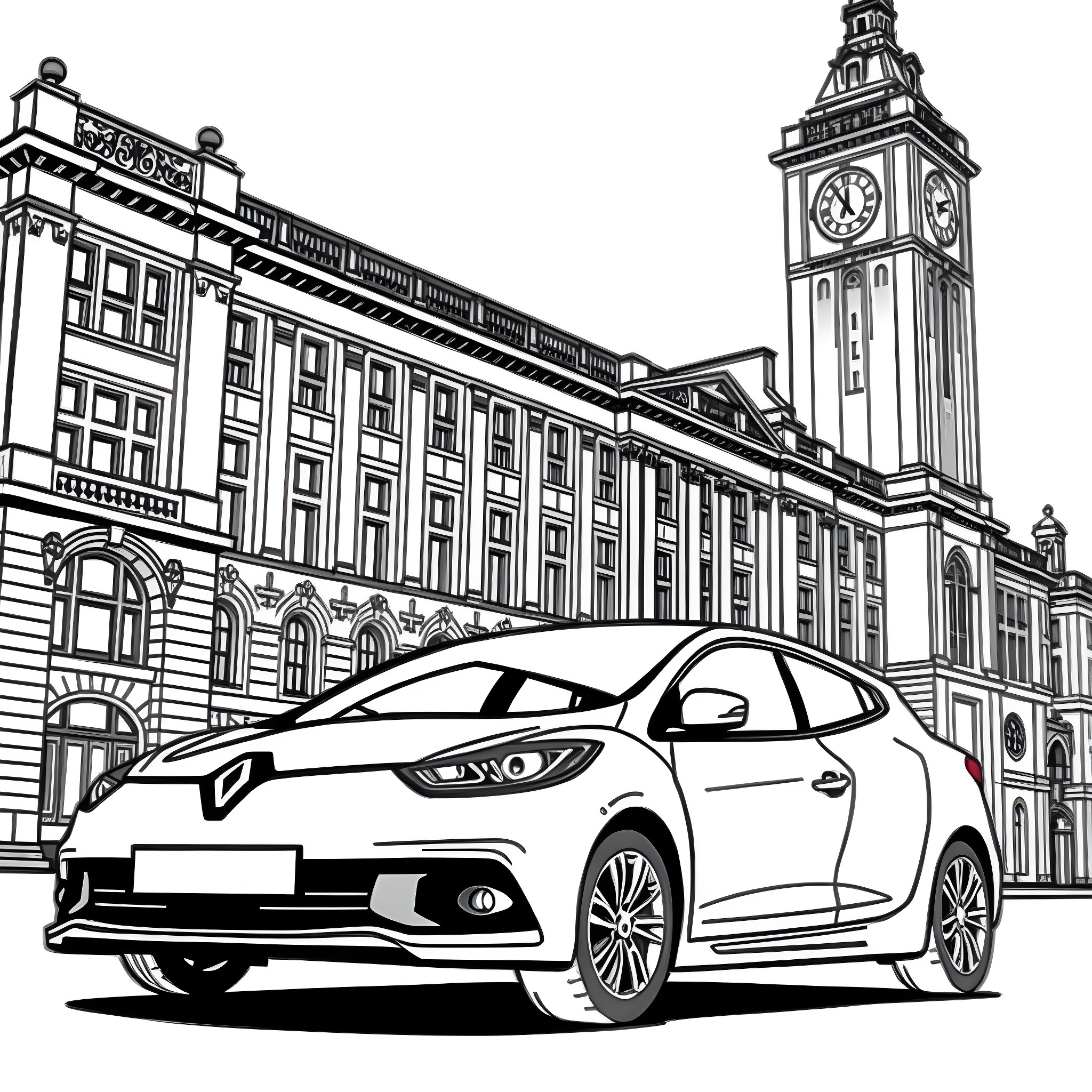 Renault Car in Front of Historic Building Coloring Page (free black-and-white line drawing printable PDF for all, from beginners to advanced learners, including children, teens, adults, and seniors)