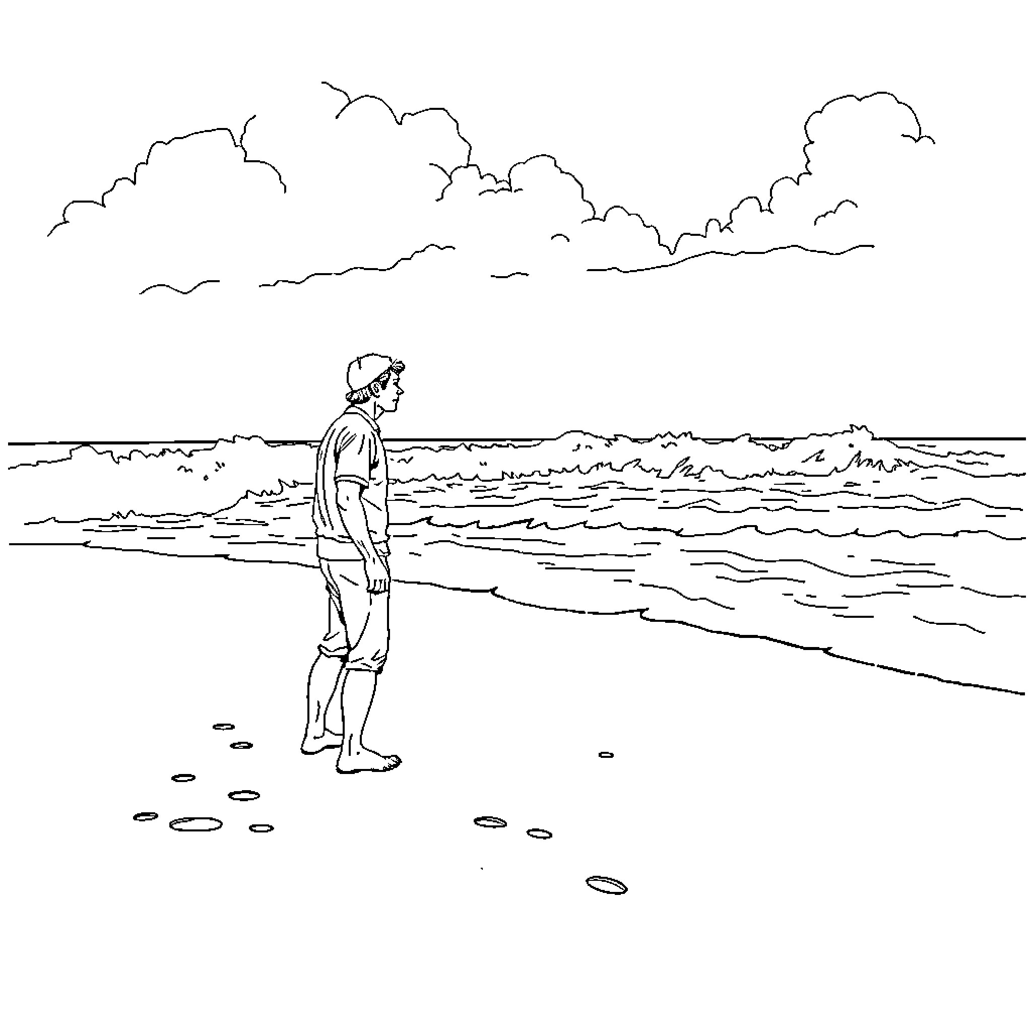 Landman enjoying solitude by the seaside Coloring Page (free black-and-white line drawing printable PDF for all, from beginners to advanced learners, including children, teens, adults, and seniors)