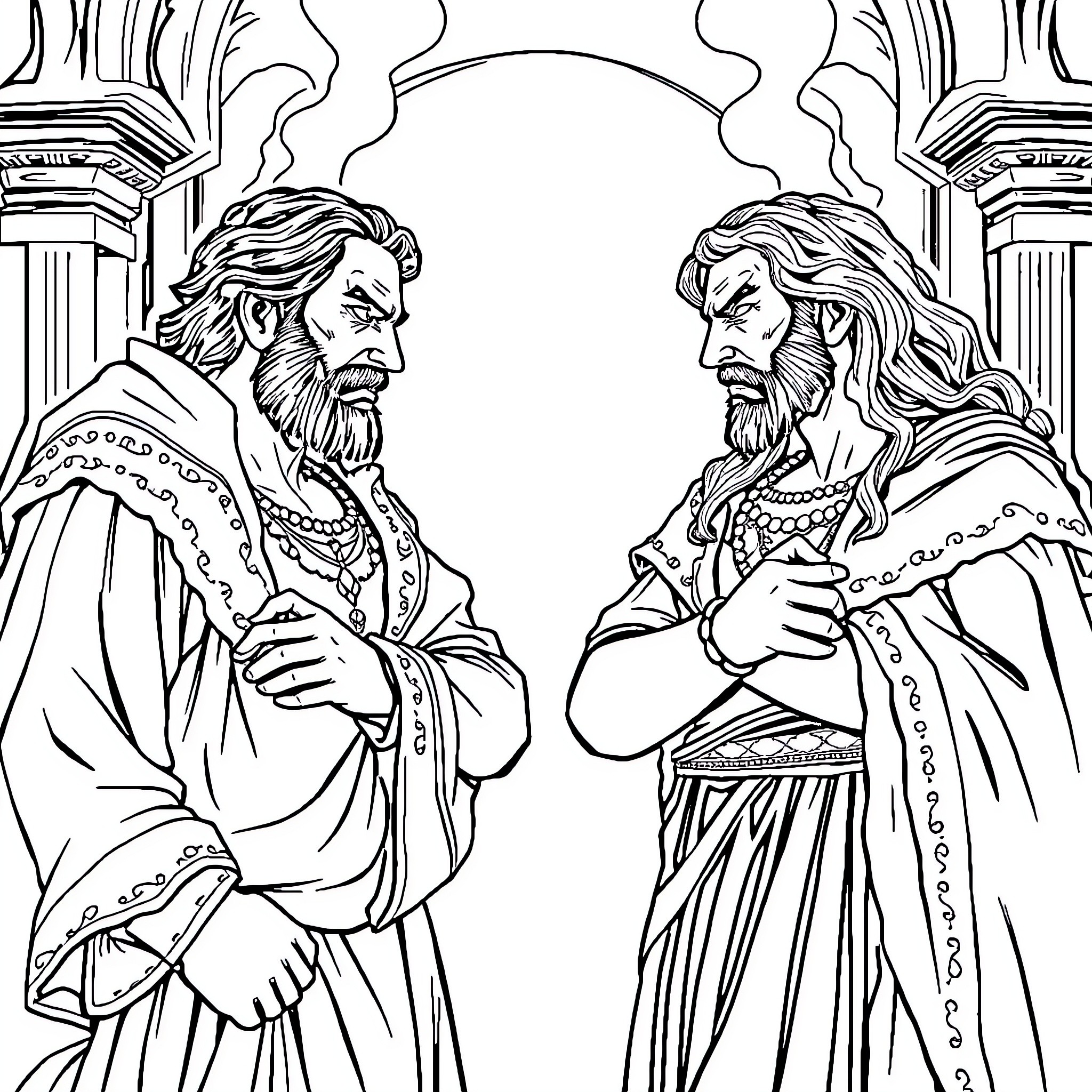 Montague and Capulet Nobility in Confrontation Coloring Page (free black-and-white line drawing printable PDF for all, from beginners to advanced learners, including children, teens, adults, and seniors)