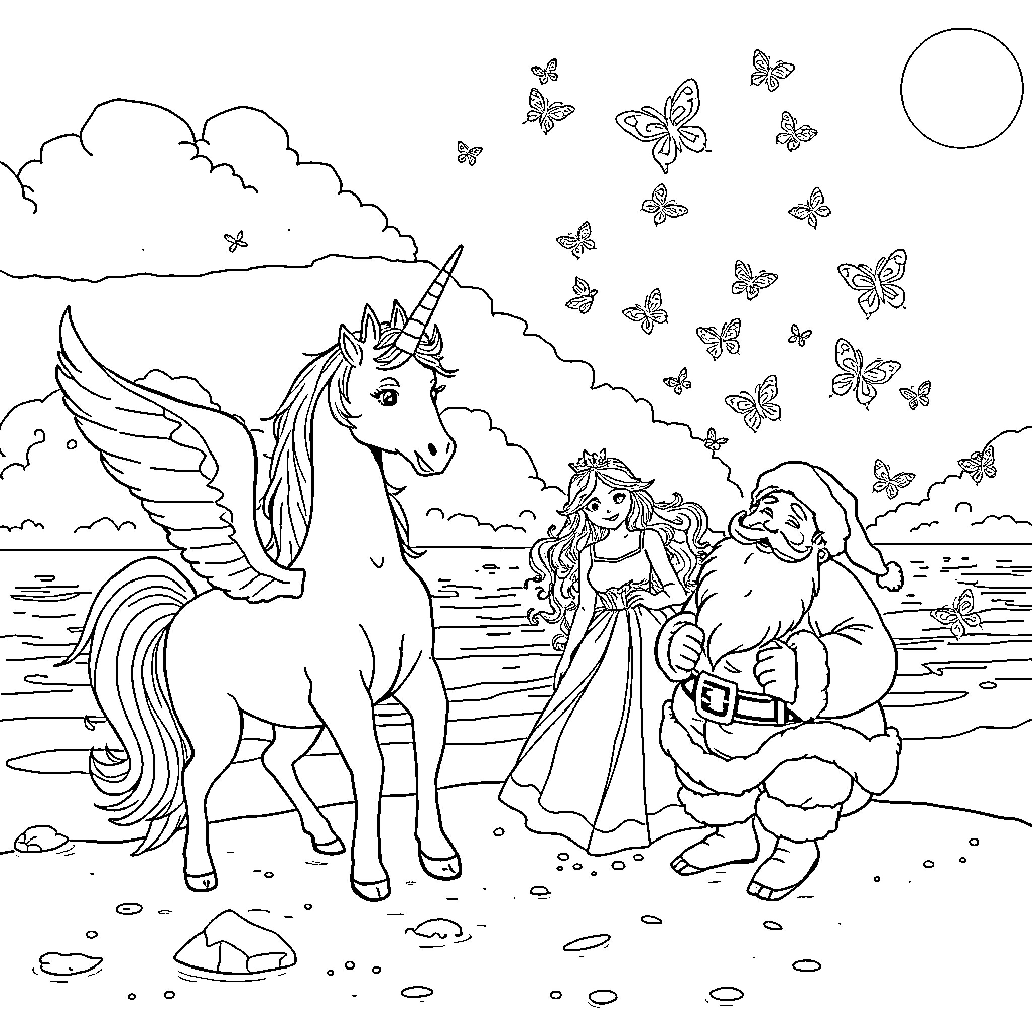 Unicorn embracing princess and Santa on winter beach Coloring Page (free black-and-white line drawing printable PDF for all, from beginners to advanced learners, including children, teens, adults, and seniors)