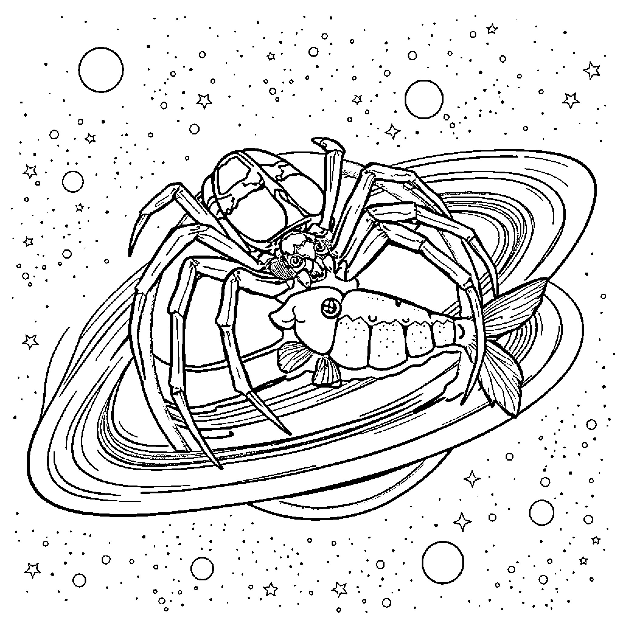 Widow's web under the starry sky Coloring Page (free black-and-white line drawing printable PDF for all, from beginners to advanced learners, including children, teens, adults, and seniors)