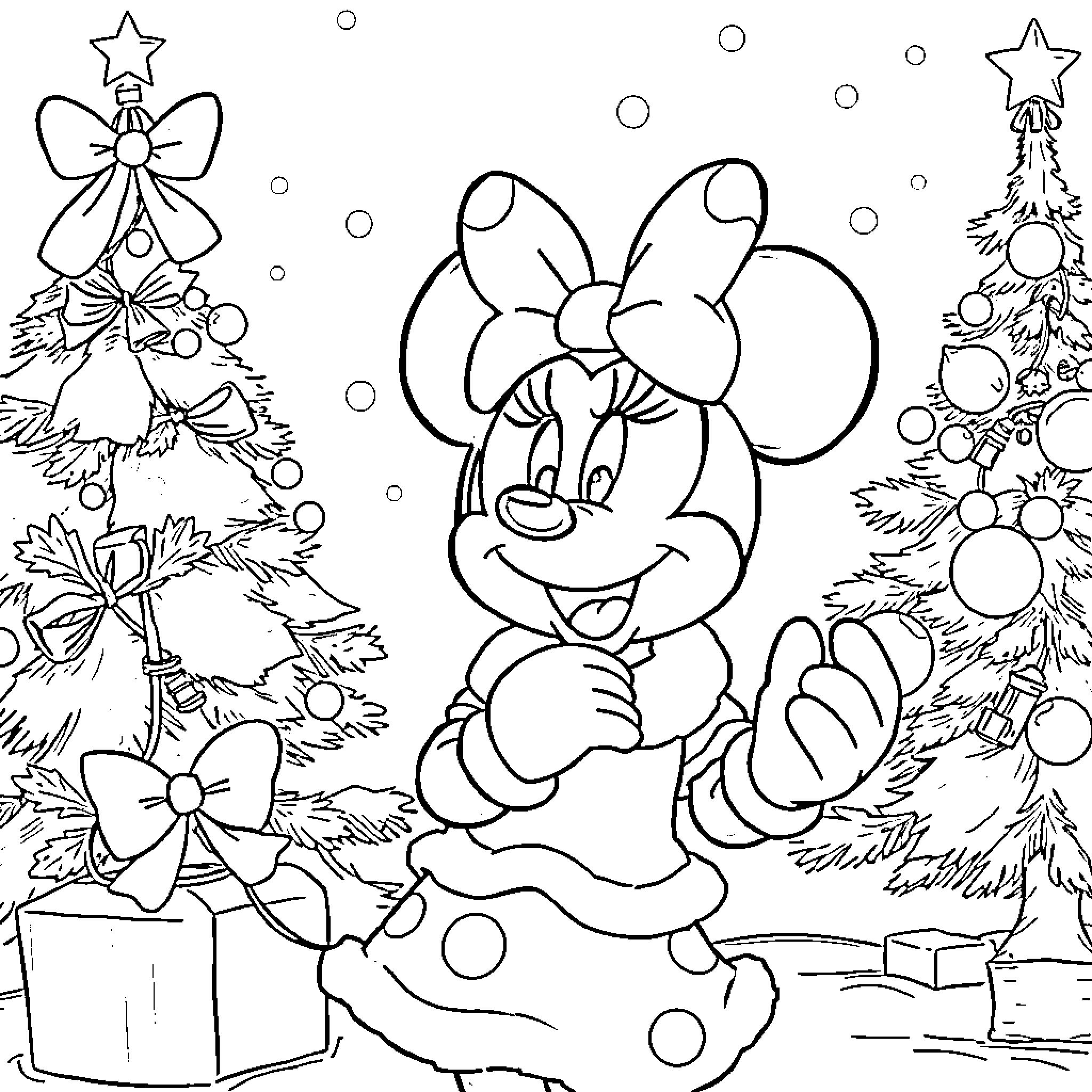 Minnie Mouse decorating Christmas trees Coloring Page (free black-and-white line drawing printable PDF for all, from beginners to advanced learners, including children, teens, adults, and seniors)