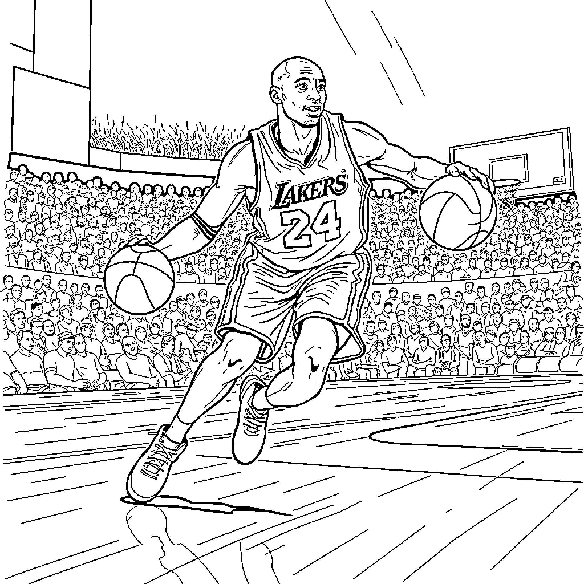 Kobe Bryant in action on the basketball court Coloring Page (free black-and-white line drawing printable PDF for all, from beginners to advanced learners, including children, teens, adults, and seniors)