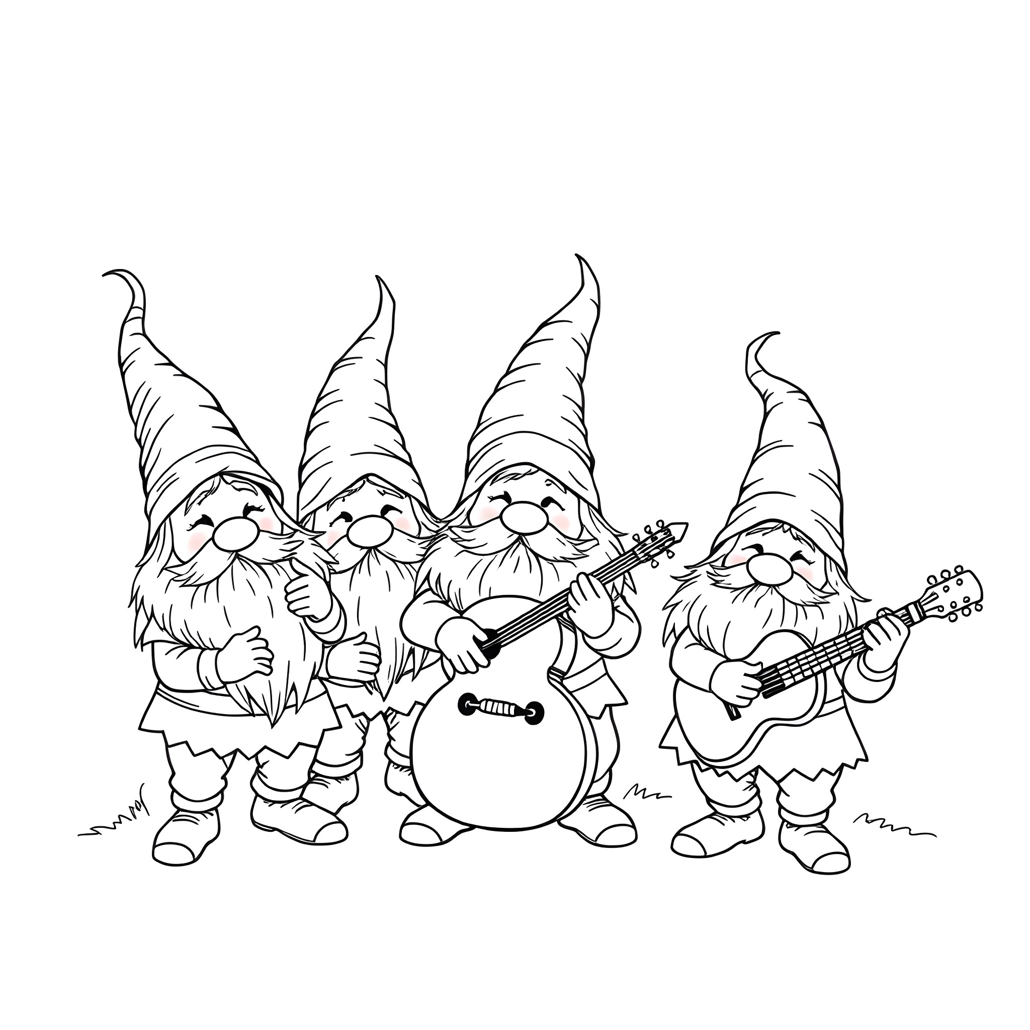 Gnome band playing instruments happily Coloring Page (free black-and-white line drawing printable PDF for all, from beginners to advanced learners, including children, teens, adults, and seniors)