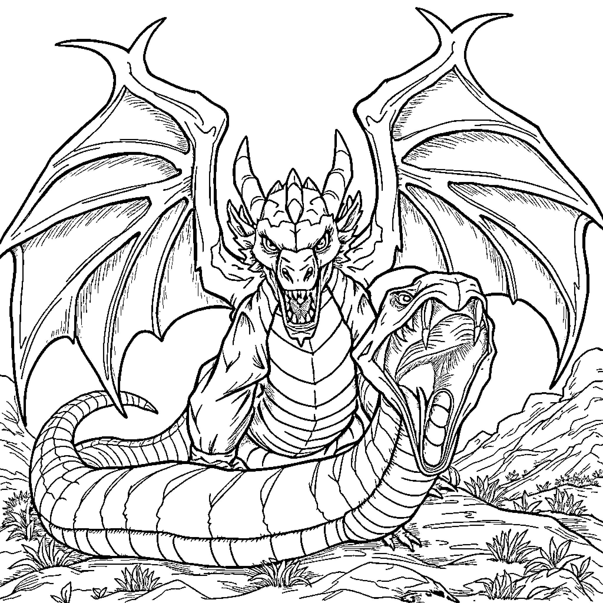 Dragon Roaring Fiercely in Mystical Landscape Coloring Page (free black-and-white line drawing printable PDF for all, from beginners to advanced learners, including children, teens, adults, and seniors)