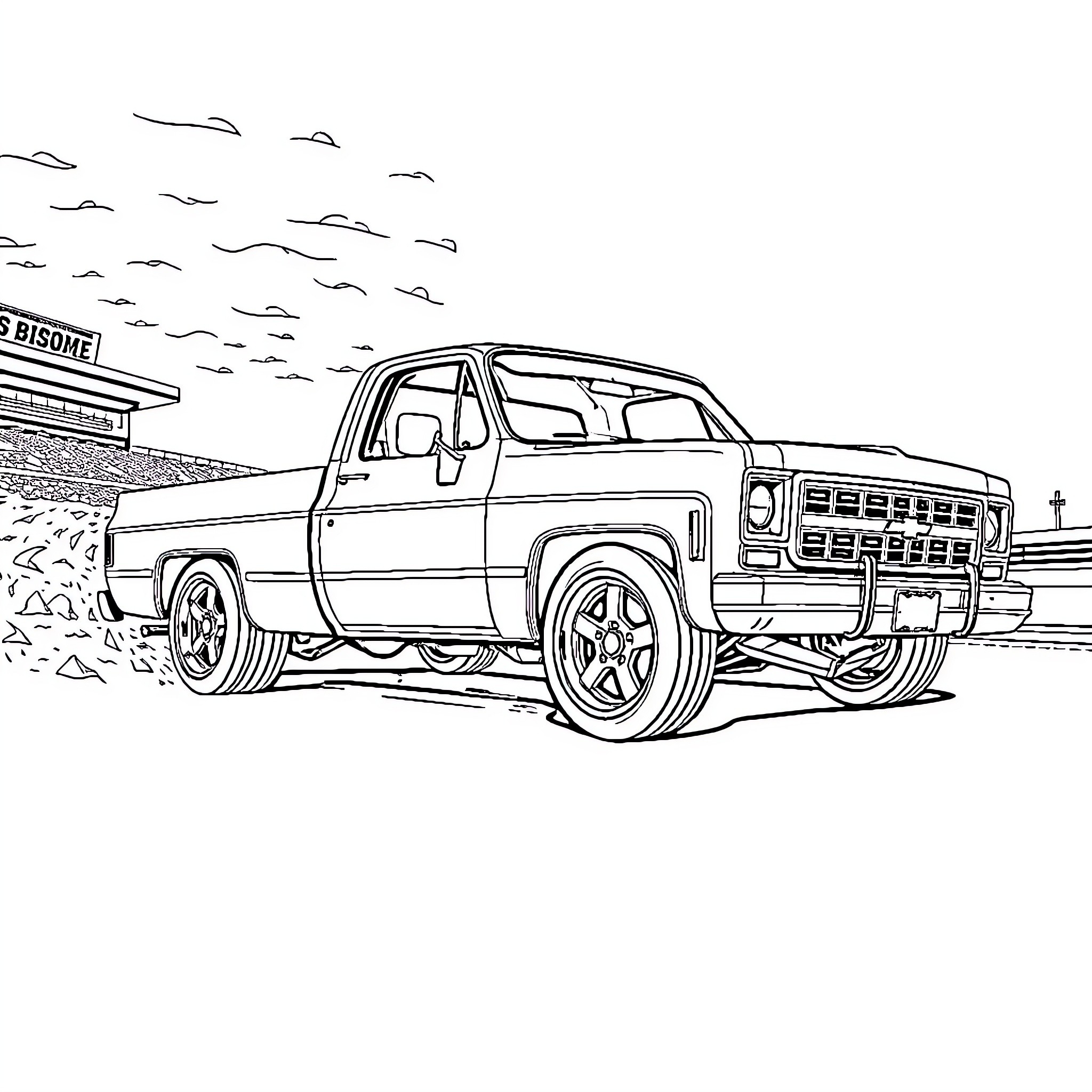 Chevy Truck Cruising Down the Road Coloring Page (free black-and-white line drawing printable PDF for all, from beginners to advanced learners, including children, teens, adults, and seniors)