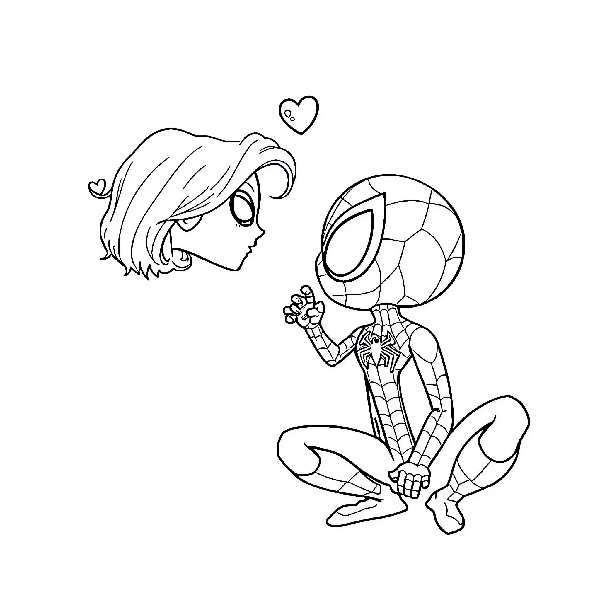 Spiderman expressing affection towards someone Coloring Page (free black-and-white line drawing printable PDF for all, from beginners to advanced learners, including children, teens, adults, and seniors)