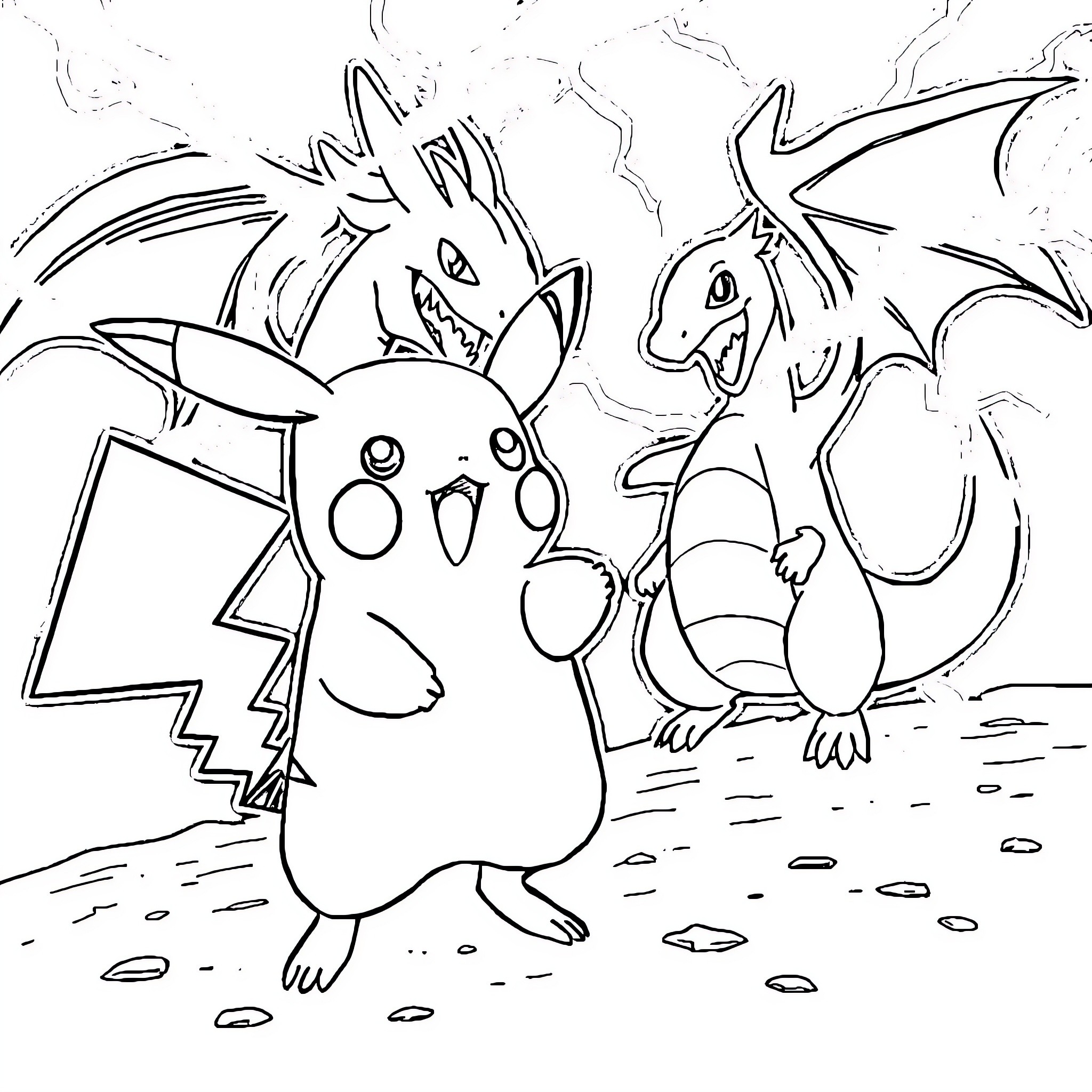 Pikachu and Charizard in a Playful Adventure Coloring Page (free black-and-white line drawing printable PDF for all, from beginners to advanced learners, including children, teens, adults, and seniors)