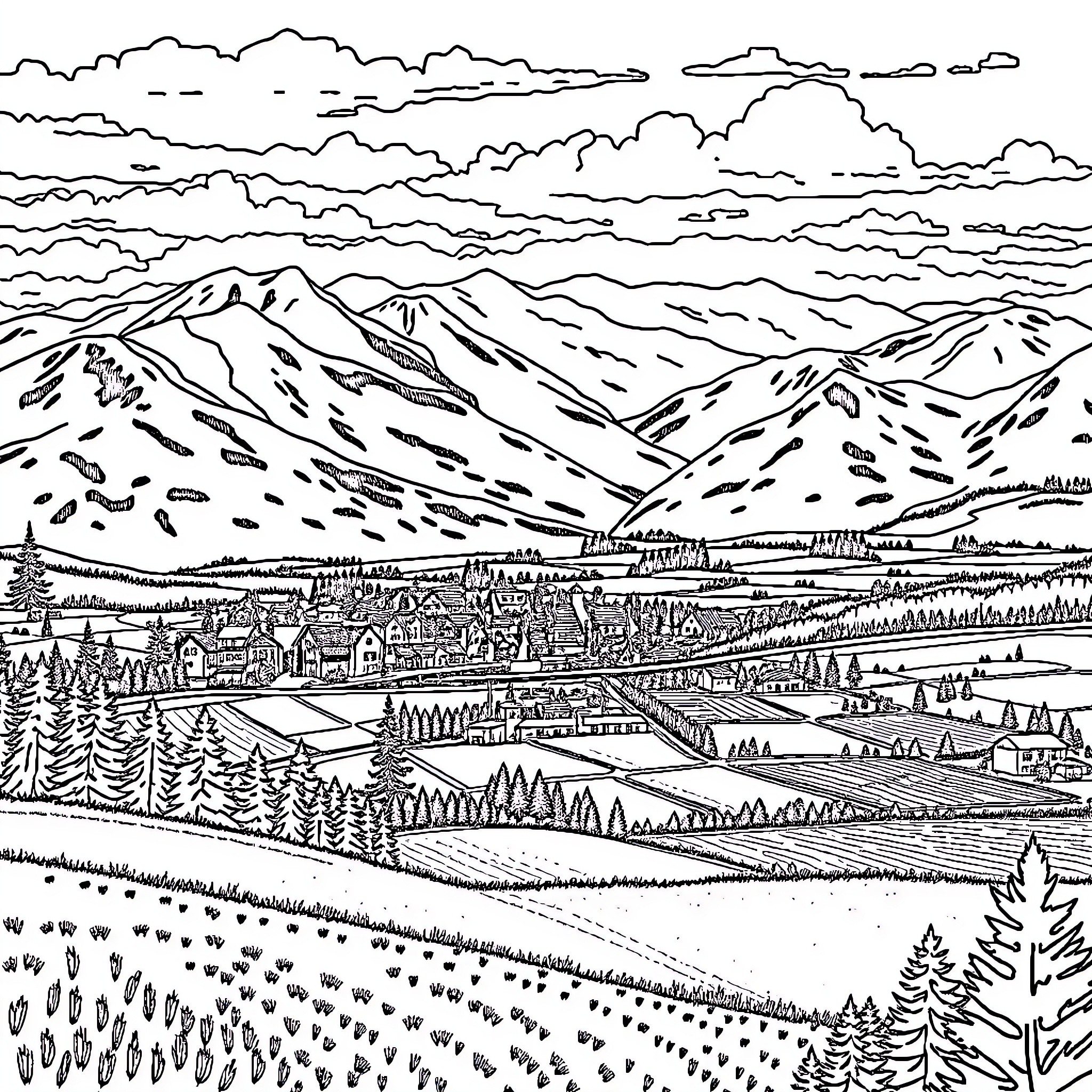 Chilliwack Panoramic Landscape with Mountains and Village Coloring Page (free black-and-white line drawing printable PDF for all, from beginners to advanced learners, including children, teens, adults, and seniors)
