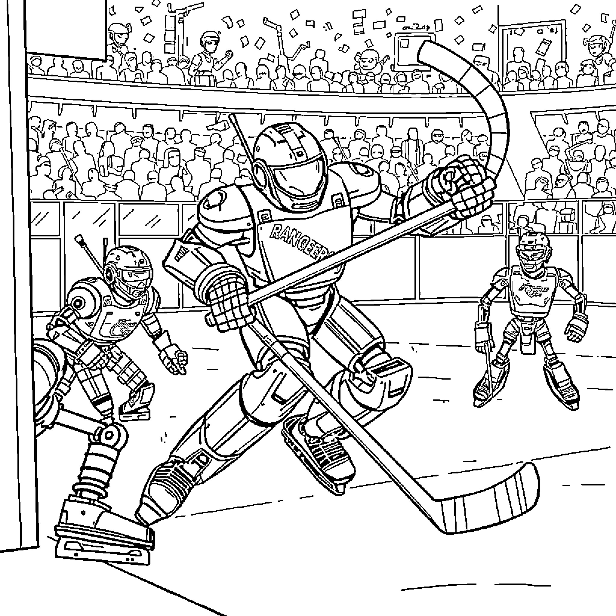 Robot hockey players on the ice rink Coloring Page (free black-and-white line drawing printable PDF for all, from beginners to advanced learners, including children, teens, adults, and seniors)