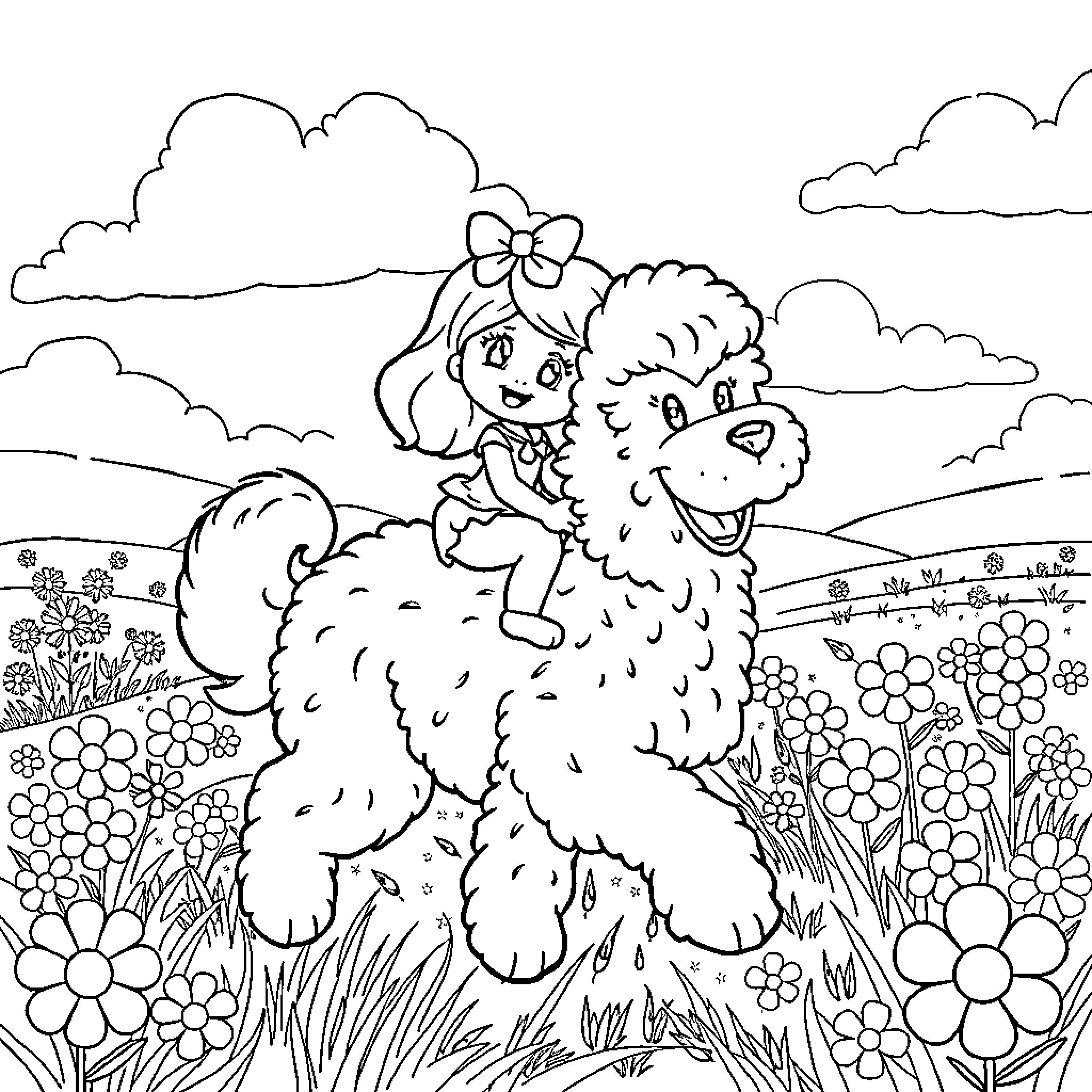 Strawberry Shortcake riding a fluffy dog in a flower field Coloring Page (free black-and-white line drawing printable PDF for all, from beginners to advanced learners, including children, teens, adults, and seniors)