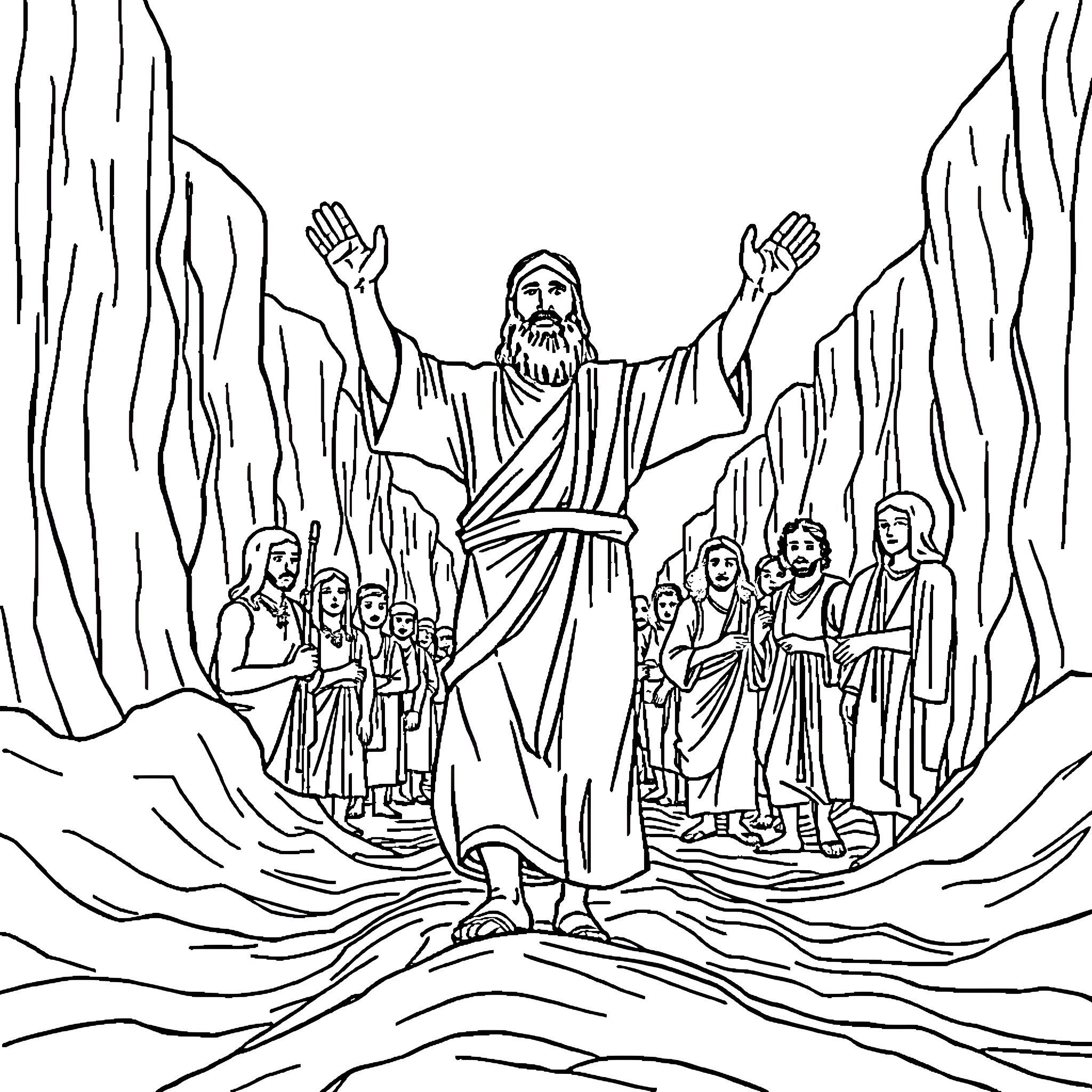 Moses parting the Red Sea with followers Coloring Page (free black-and-white line drawing printable PDF for all, from beginners to advanced learners, including children, teens, adults, and seniors)