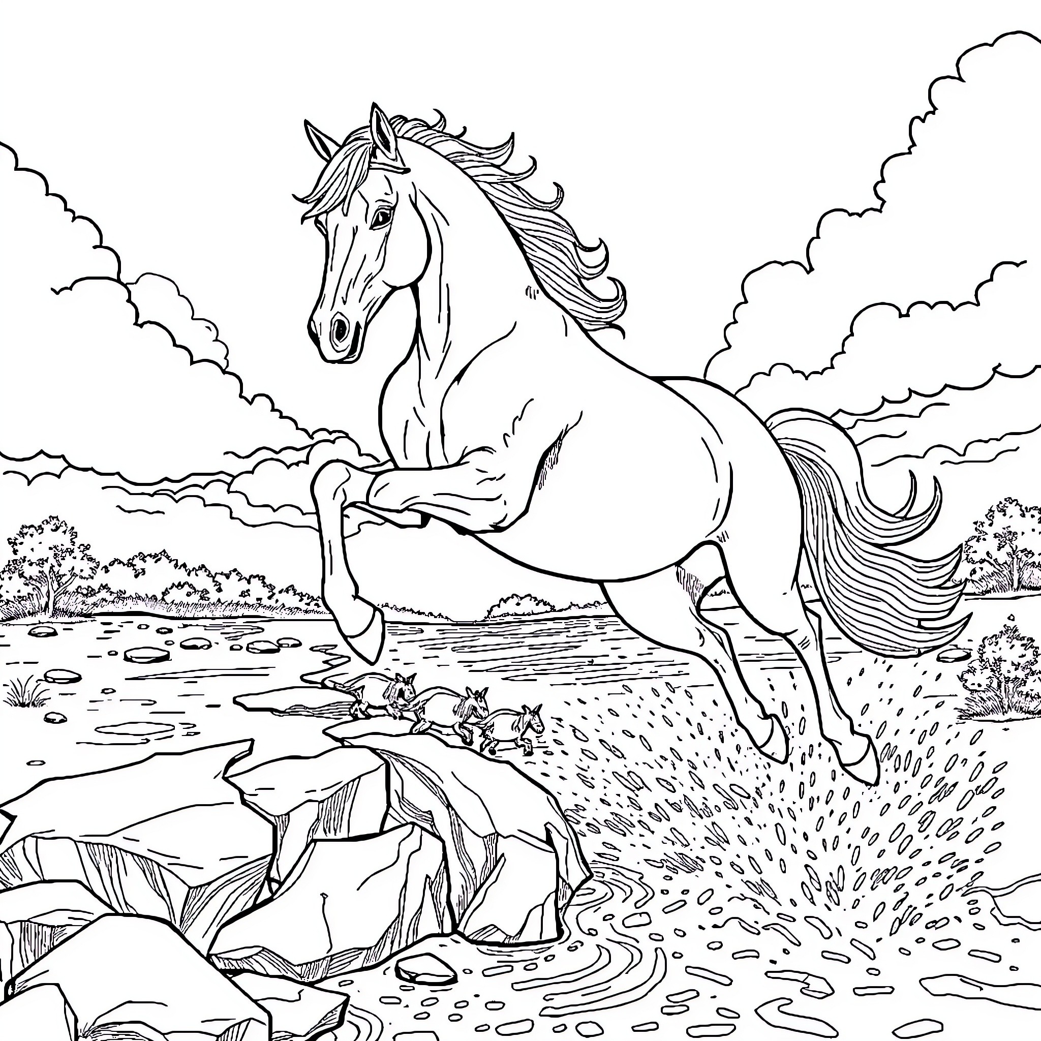 Horse galloping through a scenic landscape Coloring Page (free black-and-white line drawing printable PDF for all, from beginners to advanced learners, including children, teens, adults, and seniors)