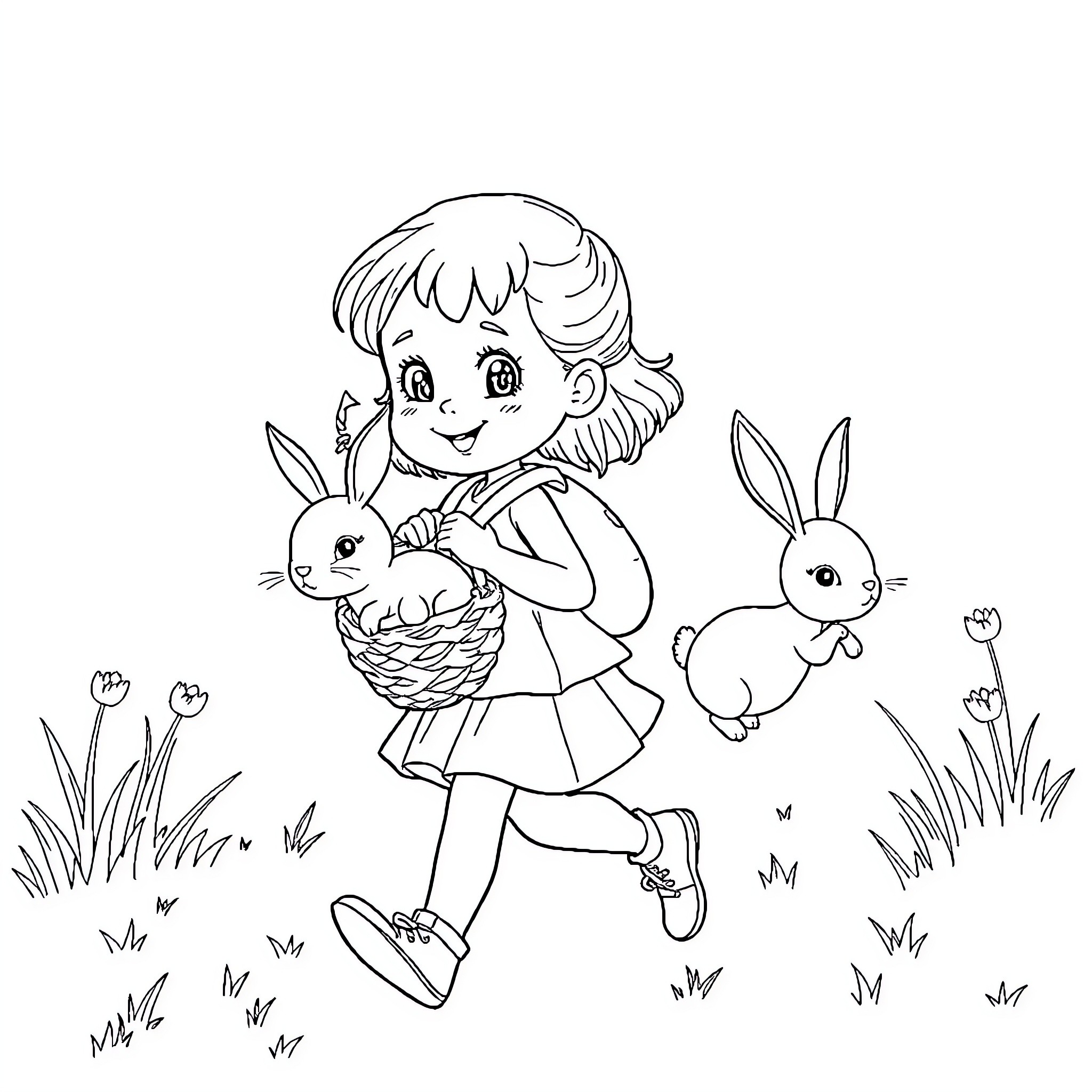 Fille chasing playful rabbits in grassy meadow Coloring Page (free black-and-white line drawing printable PDF for all, from beginners to advanced learners, including children, teens, adults, and seniors)