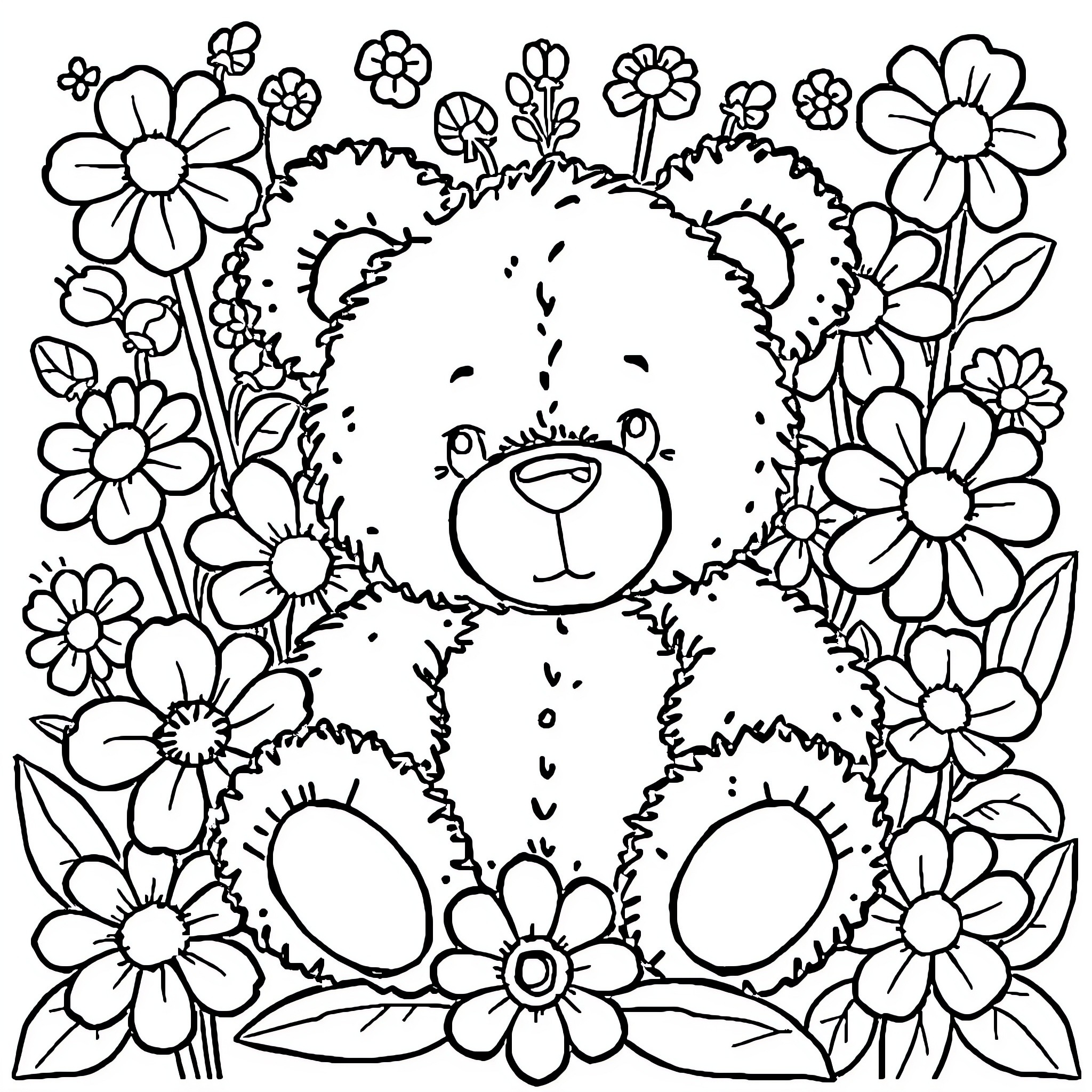 Teddy Bear surrounded by colorful flowers Coloring Page (free black-and-white line drawing printable PDF for all, from beginners to advanced learners, including children, teens, adults, and seniors)
