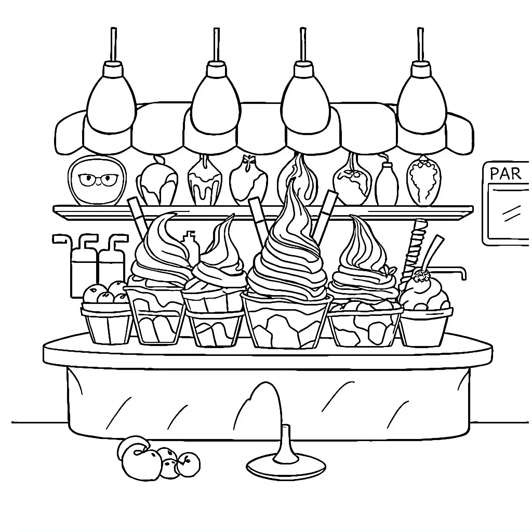 Ice Cream Shop with Various Frozen Treats Coloring Page (free black-and-white line drawing printable PDF for all, from beginners to advanced learners, including children, teens, adults, and seniors)