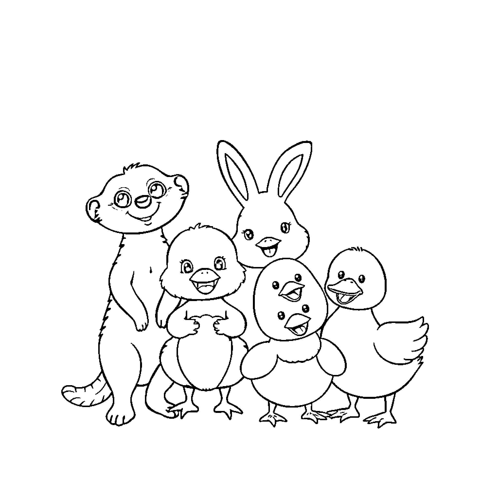Meerkat and friends in a playful group Coloring Page (free black-and-white line drawing printable PDF for all, from beginners to advanced learners, including children, teens, adults, and seniors)