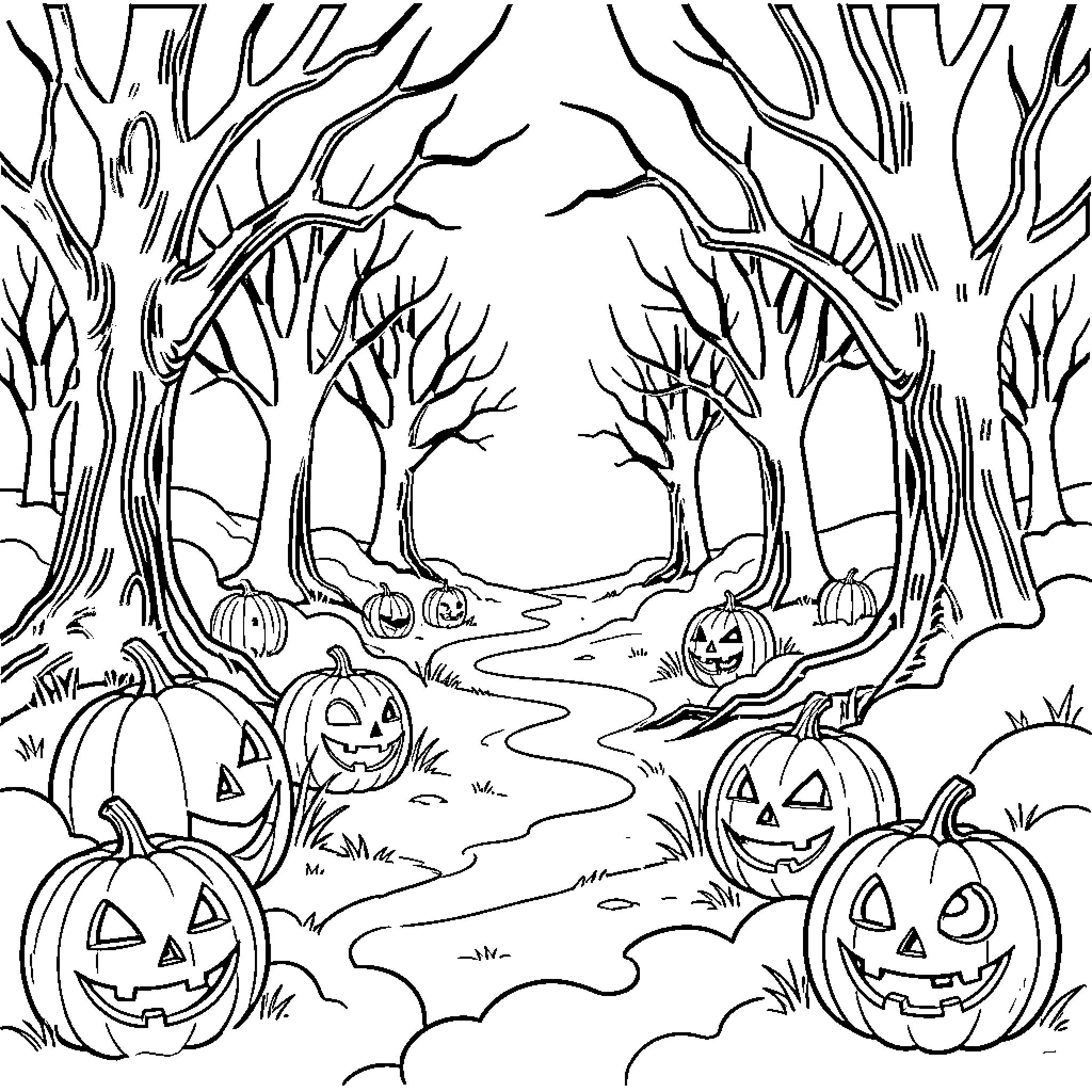 Halloween jack-o'-lanterns scattered along a path in woods Coloring Page (free black-and-white line drawing printable PDF for all, from beginners to advanced learners, including children, teens, adults, and seniors)