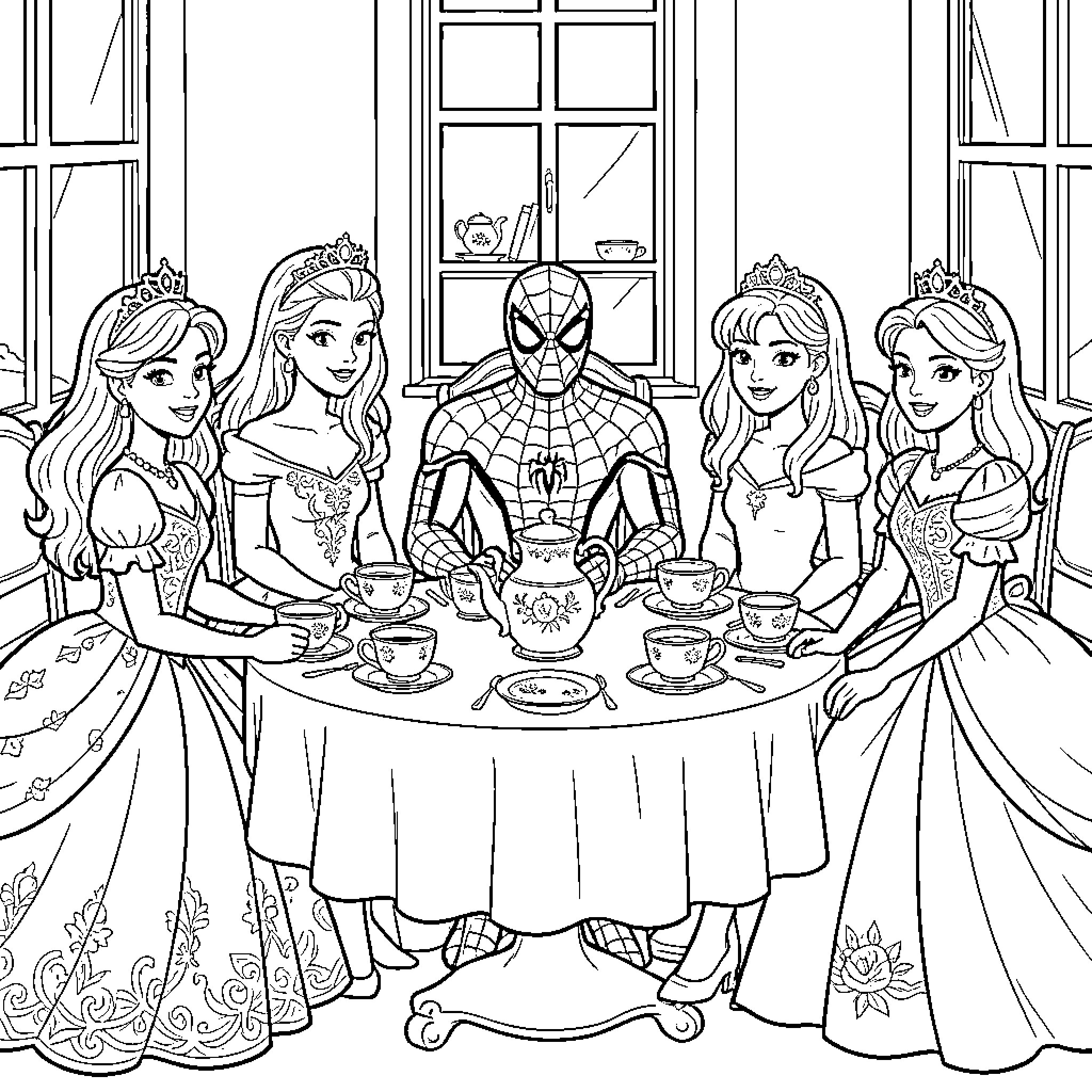 Spiderman having tea with four princesses at a table Coloring Page (free black-and-white line drawing printable PDF for all, from beginners to advanced learners, including children, teens, adults, and seniors)