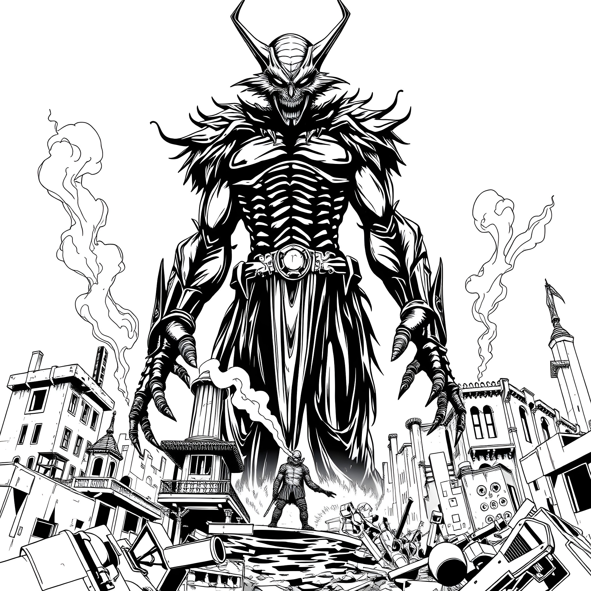 Nemesis: Fearsome Demon Overlord Emerges from Destruction Coloring Page (free black-and-white line drawing printable PDF for all, from beginners to advanced learners, including children, teens, adults, and seniors)