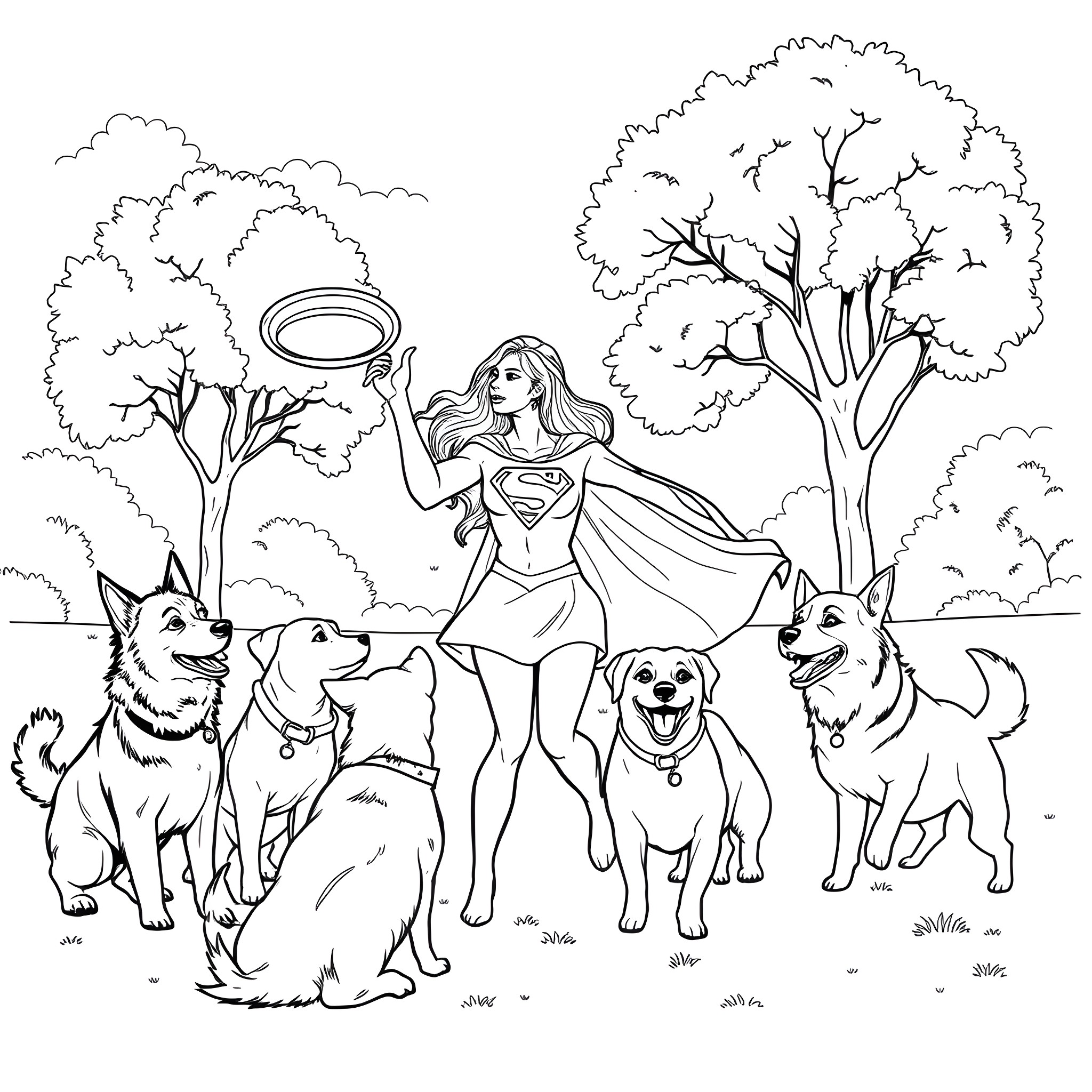 Supergirl surrounded by adorable dogs in a nature setting Coloring Page (free black-and-white line drawing printable PDF for all, from beginners to advanced learners, including children, teens, adults, and seniors)