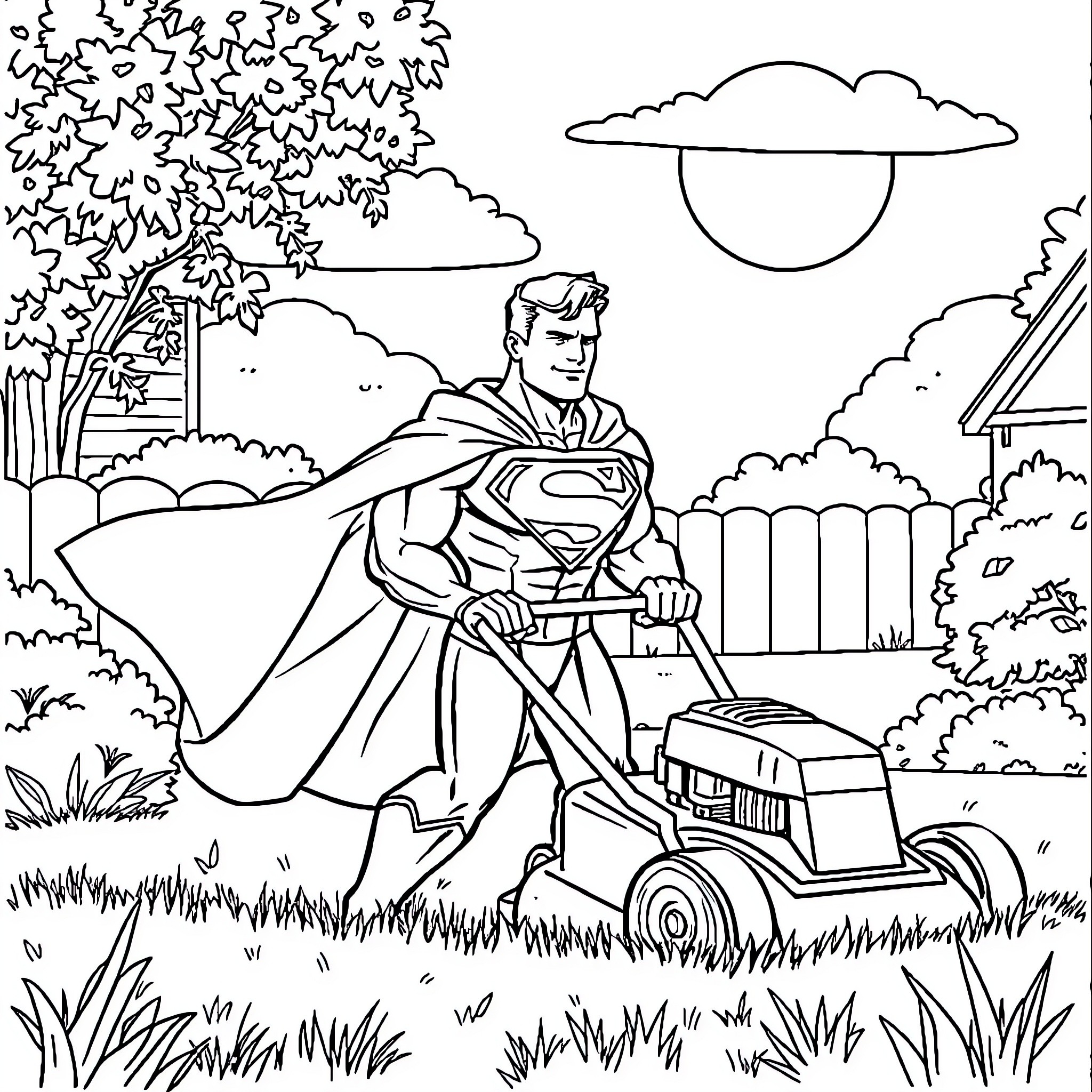Superman mowing the lawn in a suburban neighborhood Coloring Page (free black-and-white line drawing printable PDF for all, from beginners to advanced learners, including children, teens, adults, and seniors)