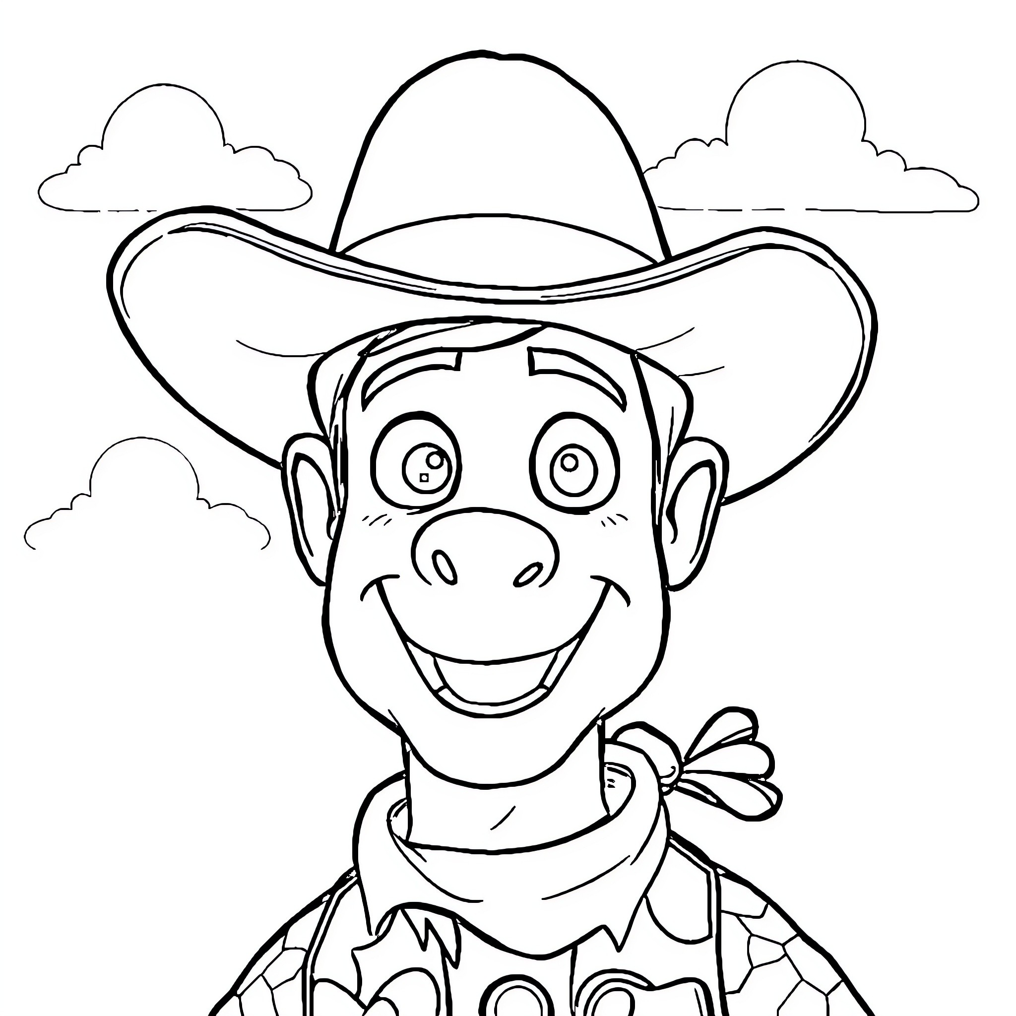 Woody's Delightful Cowboy Grin Coloring Page (free black-and-white line drawing printable PDF for all, from beginners to advanced learners, including children, teens, adults, and seniors)