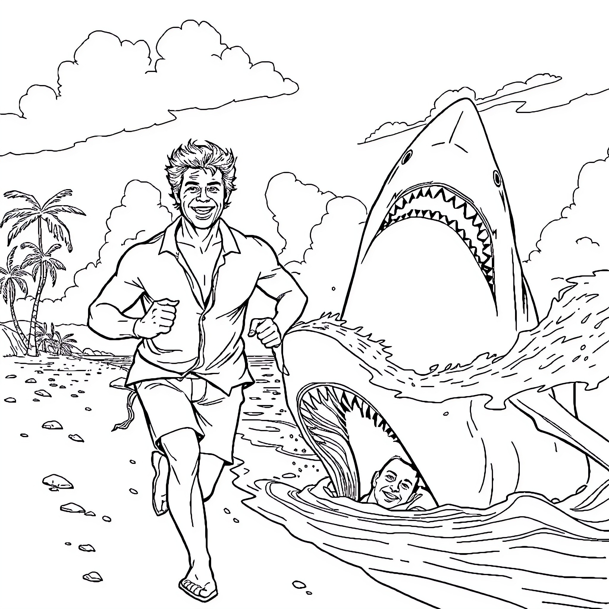 David Hasselhoff running from sharks on the beach Coloring Page (free black-and-white line drawing printable PDF for all, from beginners to advanced learners, including children, teens, adults, and seniors)