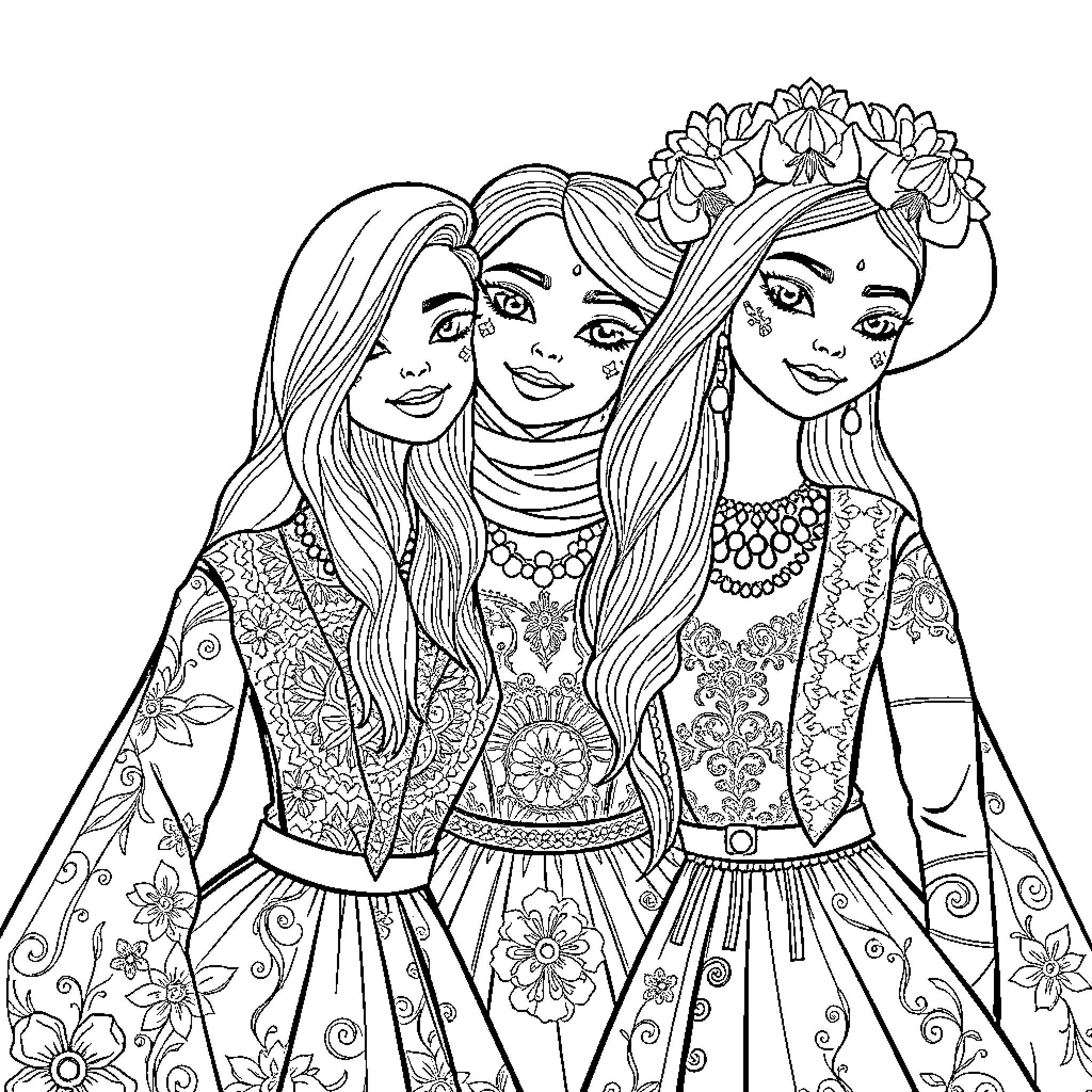 Doll Girls in Floral Celebration Outfits Coloring Page (free black-and-white line drawing printable PDF for all, from beginners to advanced learners, including children, teens, adults, and seniors)