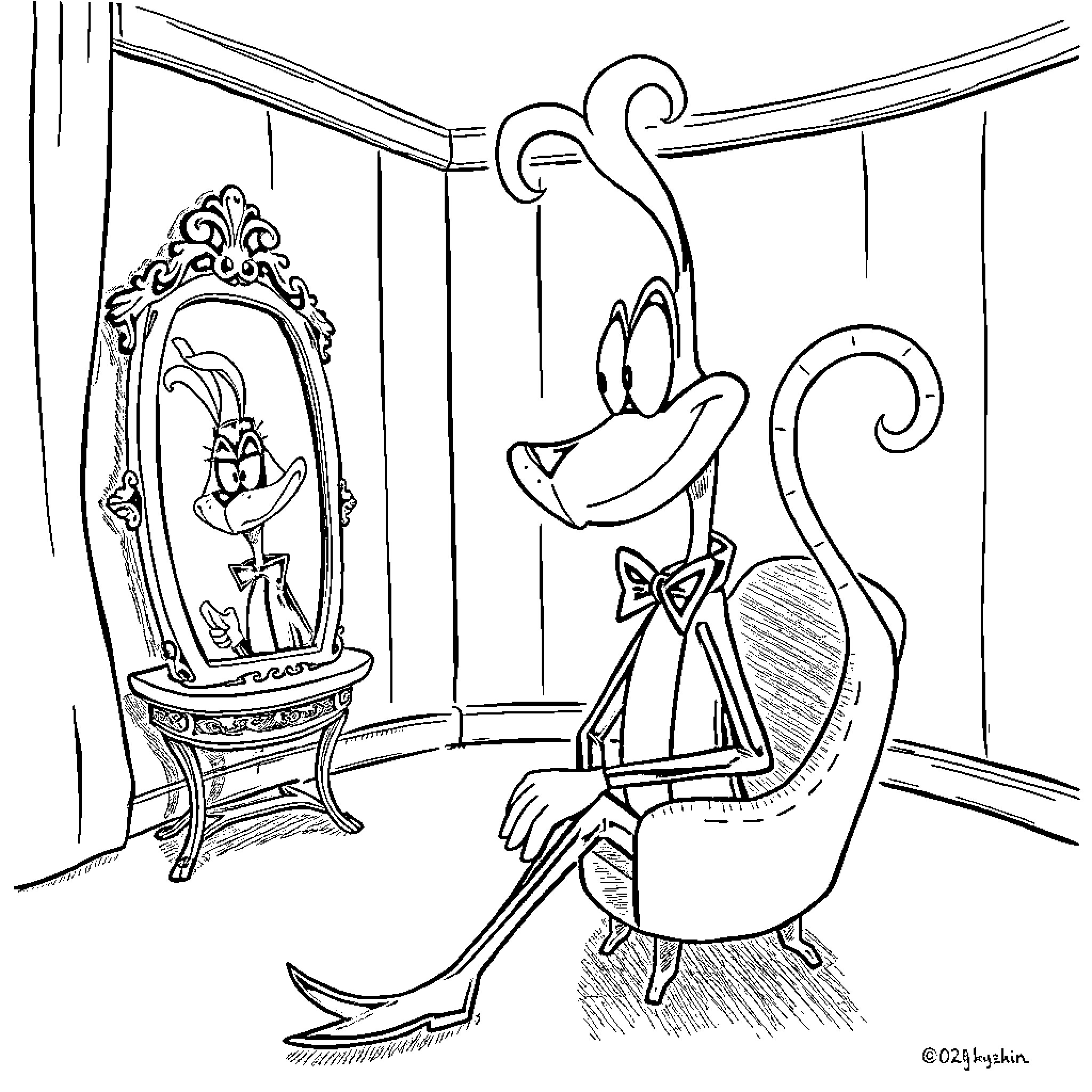 Sir Pentious Admiring Himself in the Mirror Coloring Page (free black-and-white line drawing printable PDF for all, from beginners to advanced learners, including children, teens, adults, and seniors)
