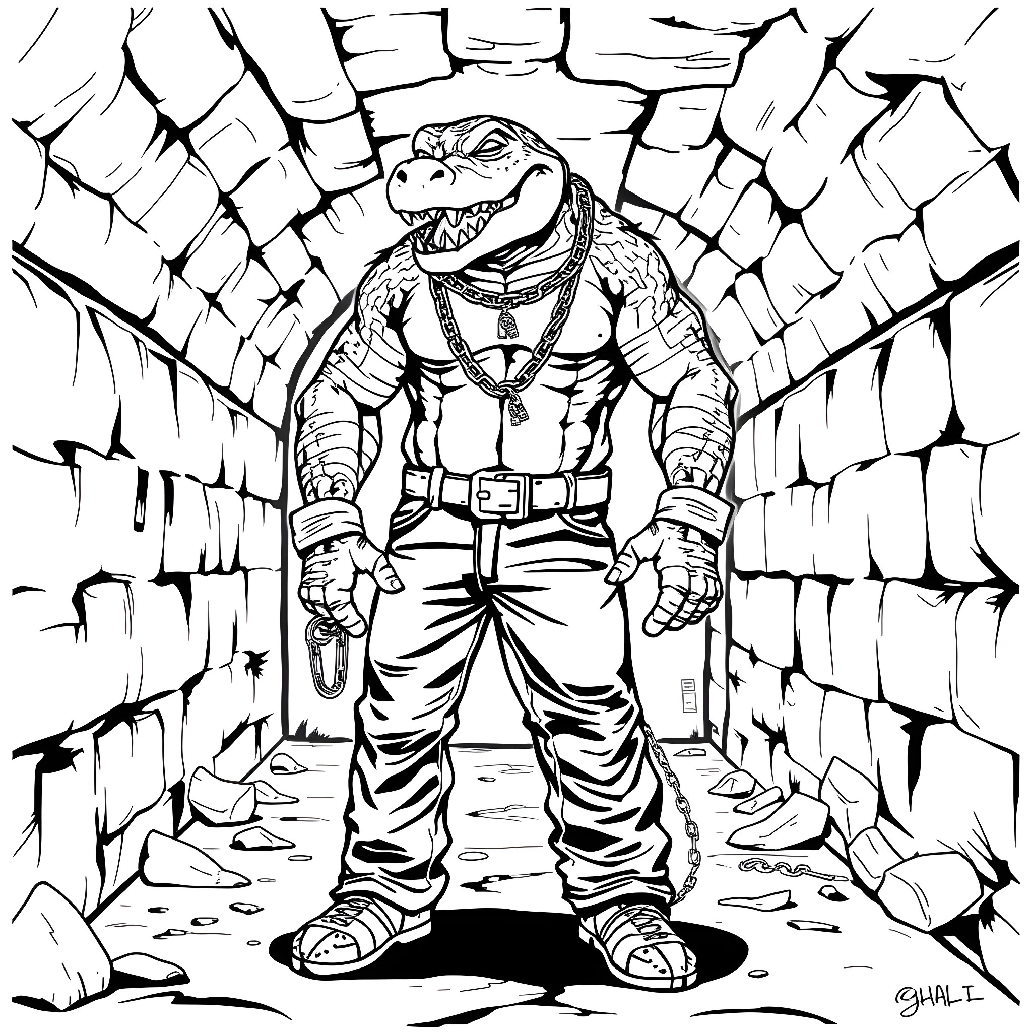 Killer Croc emerging from a dark, foreboding tunnel Coloring Page (free black-and-white line drawing printable PDF for all, from beginners to advanced learners, including children, teens, adults, and seniors)